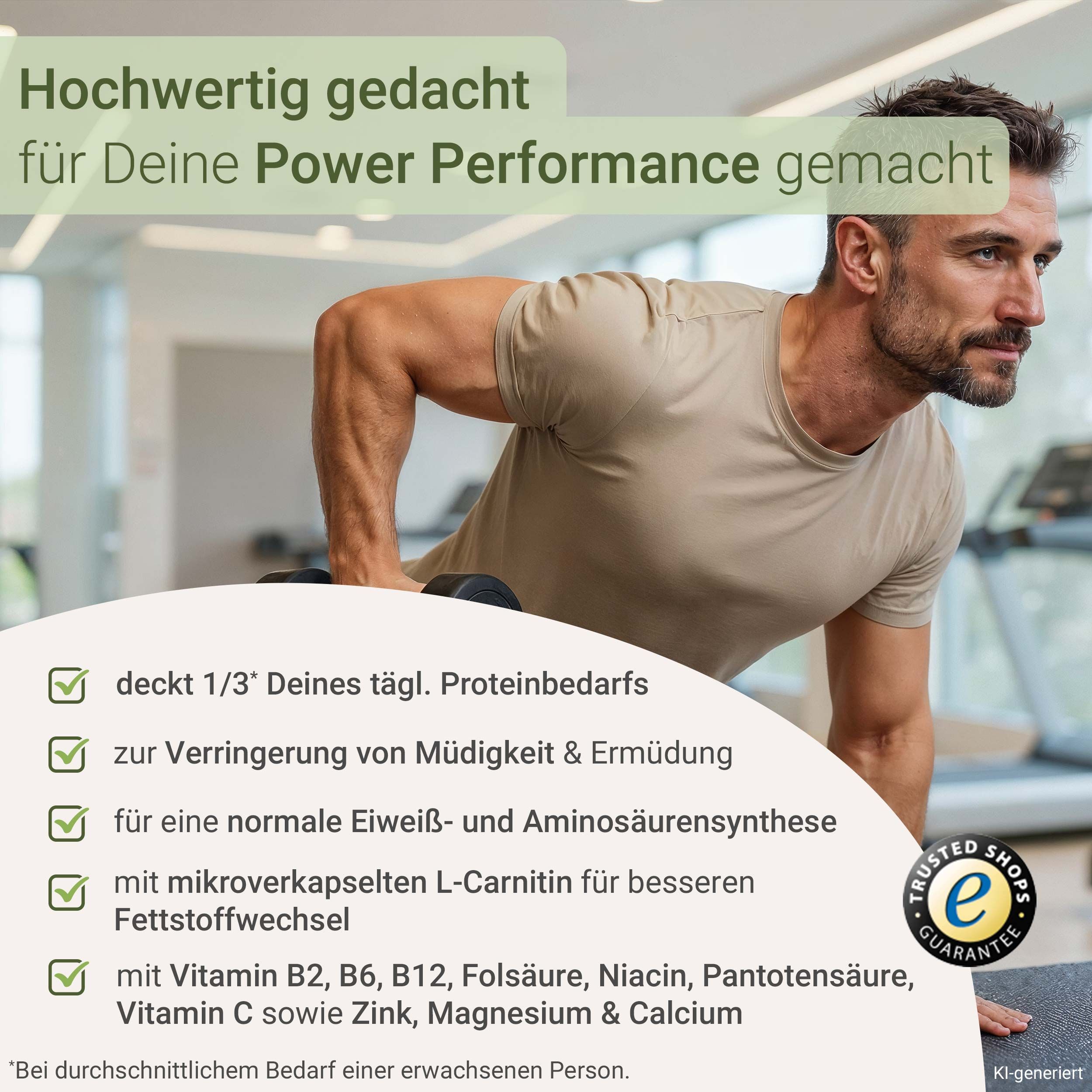 Mann im Fitnessstudio mit Hanteln, der auf seine tägliche Proteinversorgung abzielt.