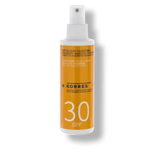 Sonnenemulsion mit Sprühkopf. Gelbe Flasche mit weißem Deckel. Aufschrift: KORRES, SPF 30.
