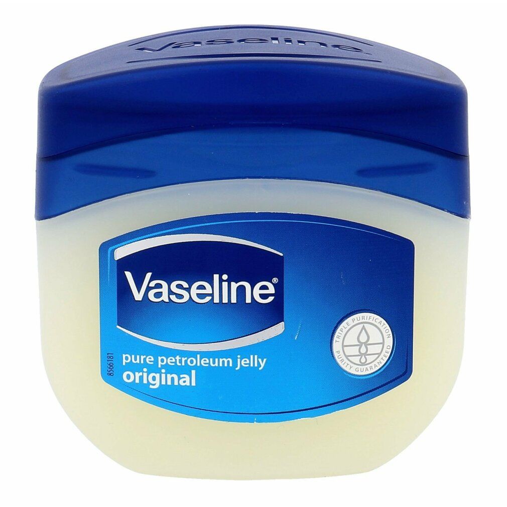 Barattolo con coperchio blu. Etichetta "Vaseline", "pure petroleum jelly original".