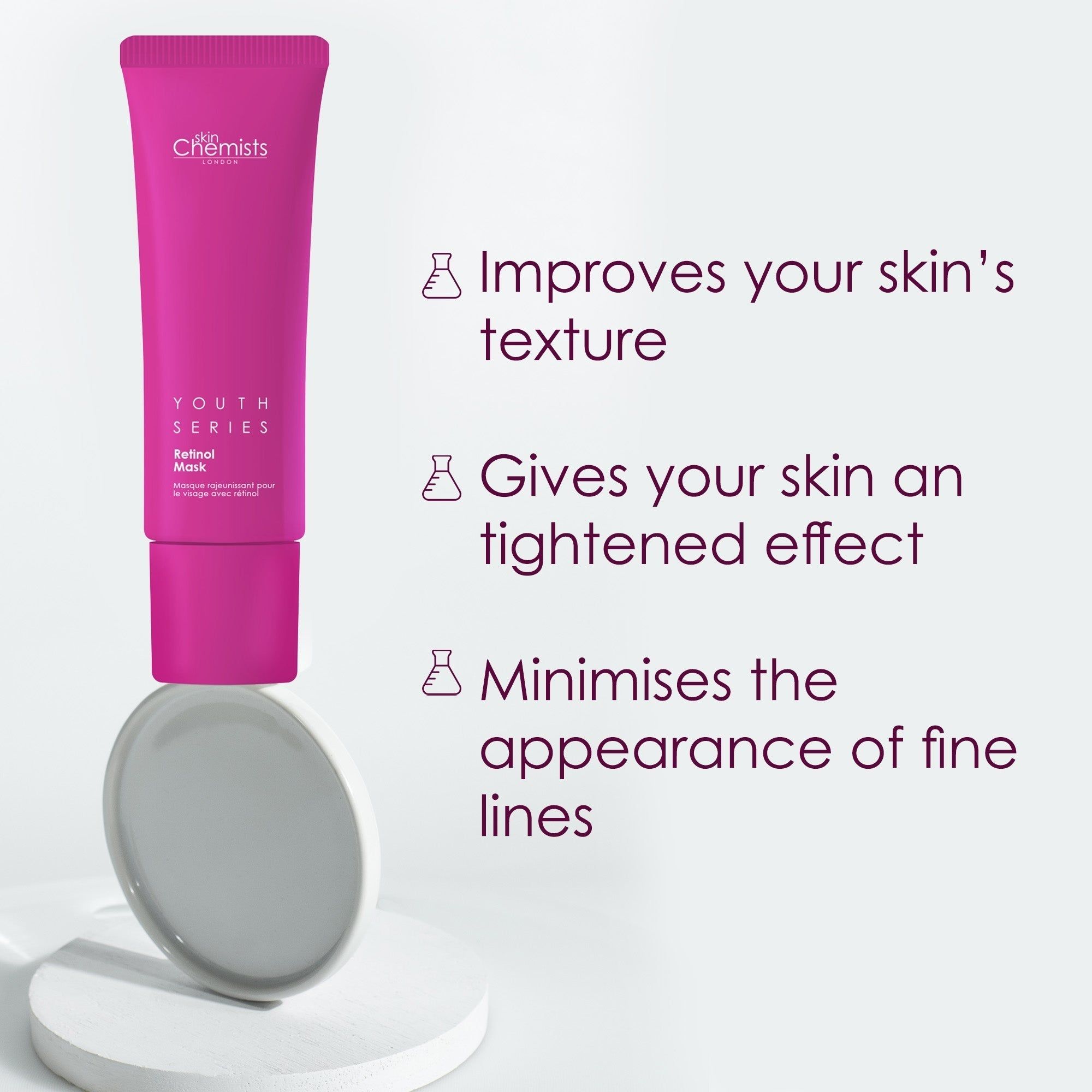 Rosa Tube mit "skinChemists" und "Youth Series Retinol Mask". Text über Hautverbesserung. Aufschrift in Englisch.
