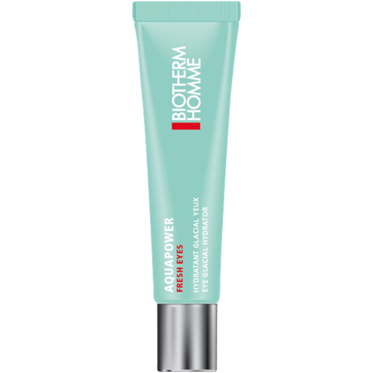Türkisfarbene Tube mit silbernem Verschluss. Aufschrift: BIOTHERM HOMME, AQUAPOWER FRESH EYES. Text: Hydratant glacial yeux.