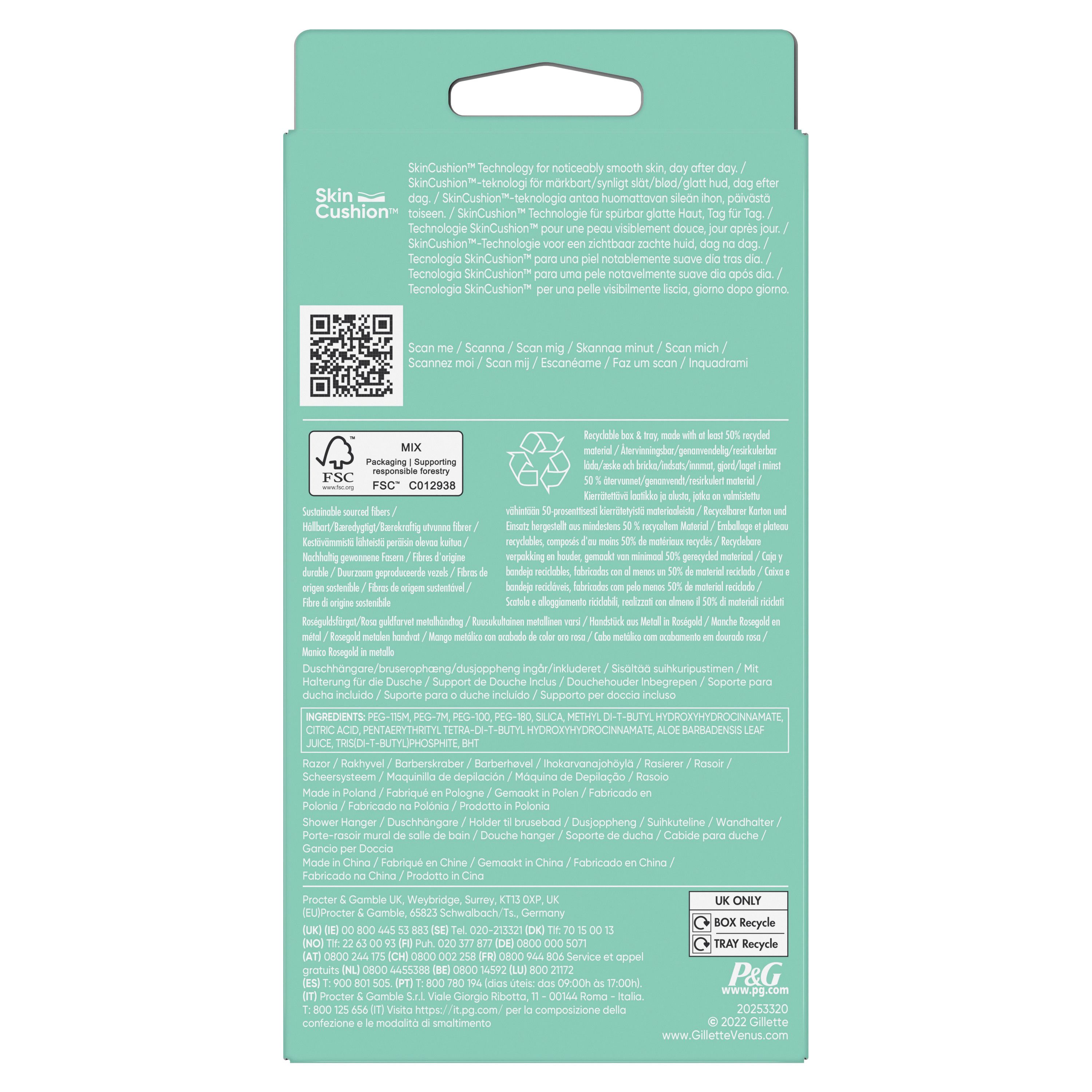 Rückseite der Verpackung. Text in mehreren Sprachen. FSC-Logo. Recycling-Symbole. Inhaltsstoffe und Herstellerinformationen.