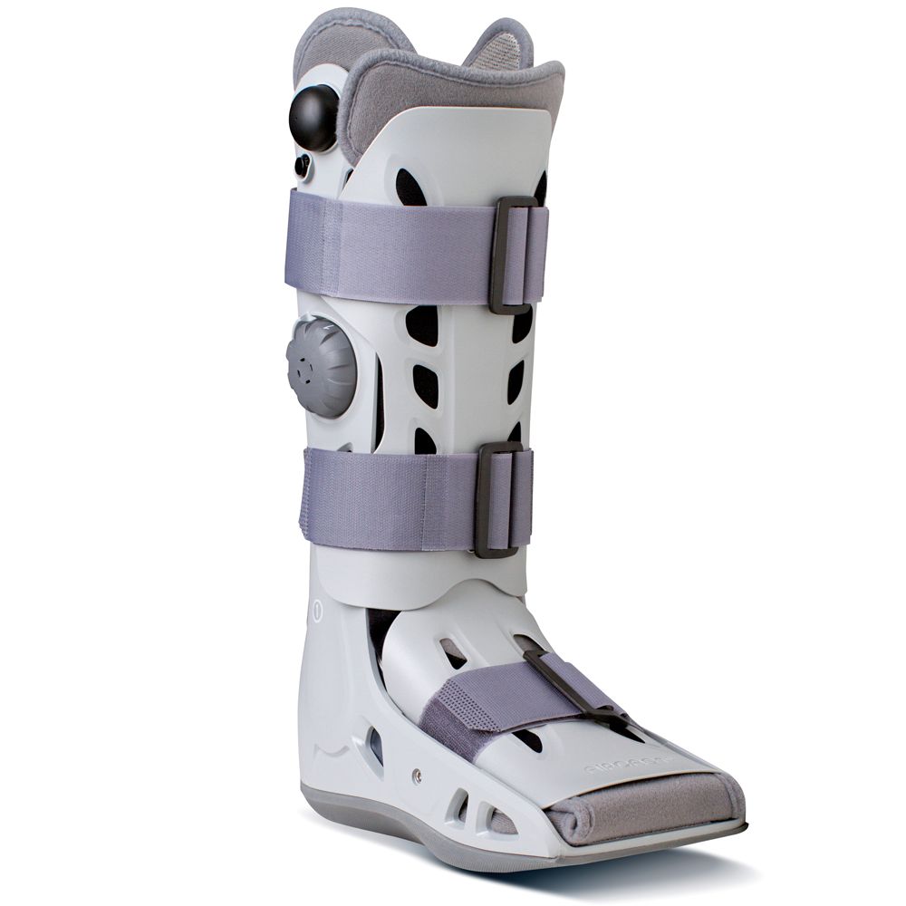AIRCAST Airselect Elite Walker Orthese: Weißer Stiefel mit grauen Gurten und Verstellknöpfen.