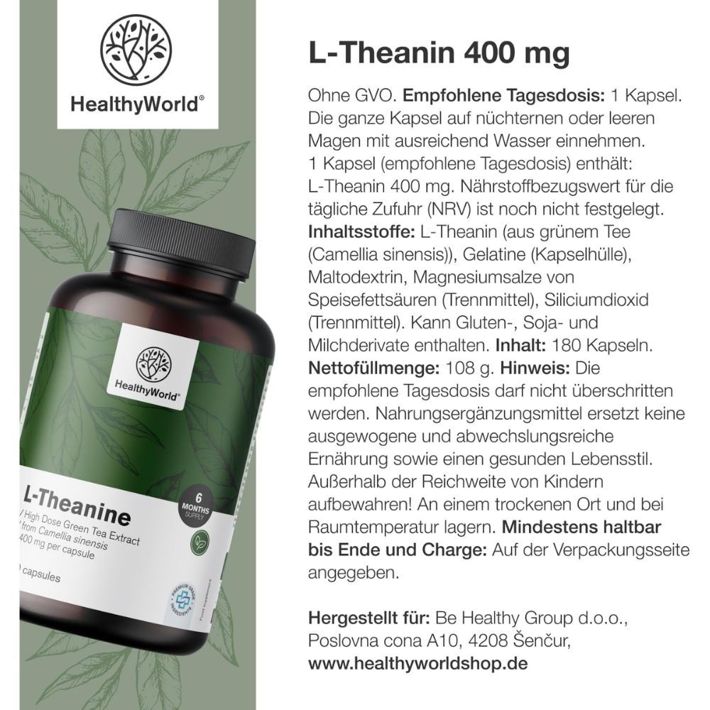 Flasche L-Theanin und Kapseln. Aufschrift: 400 mg, 180 Kapseln. Marke: HealthyWorld. Hintergrund: Grün.