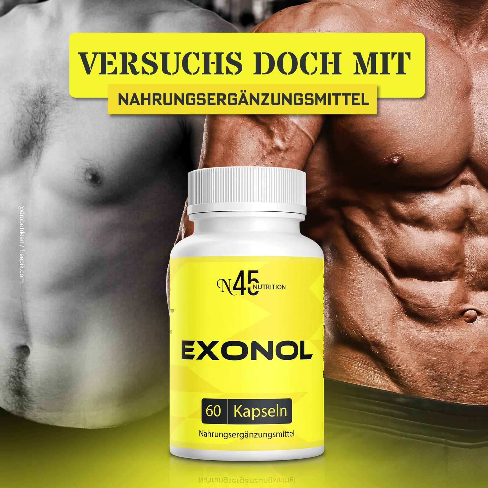 Gelbe Flasche mit weißem Deckel. Aufschrift: EXONOL, 60 Kapseln. Hintergrund: muskulöser Mann.