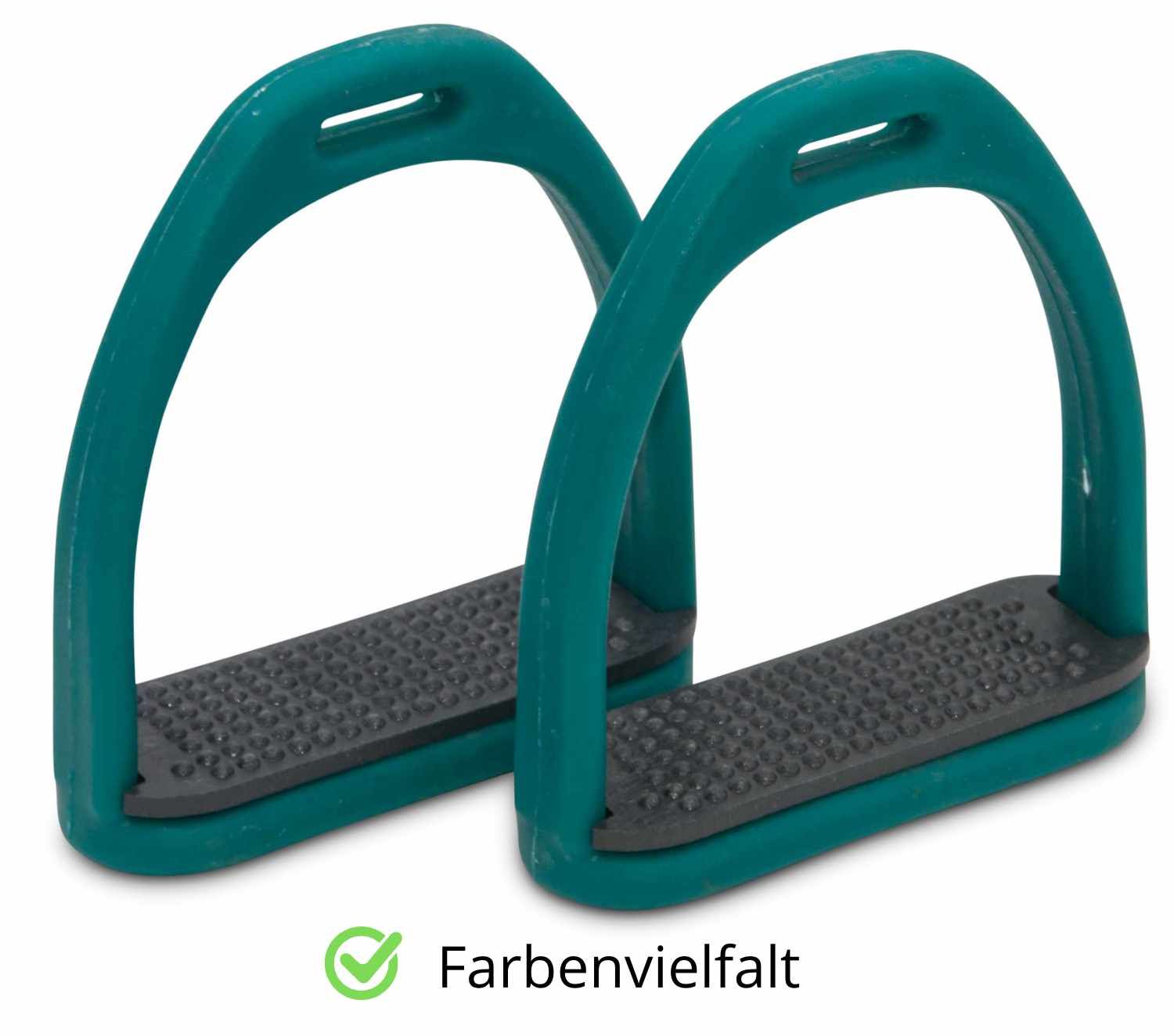 Zwei grüne Steigbügel mit schwarzen Trittflächen. Text: Farbenvielfalt.