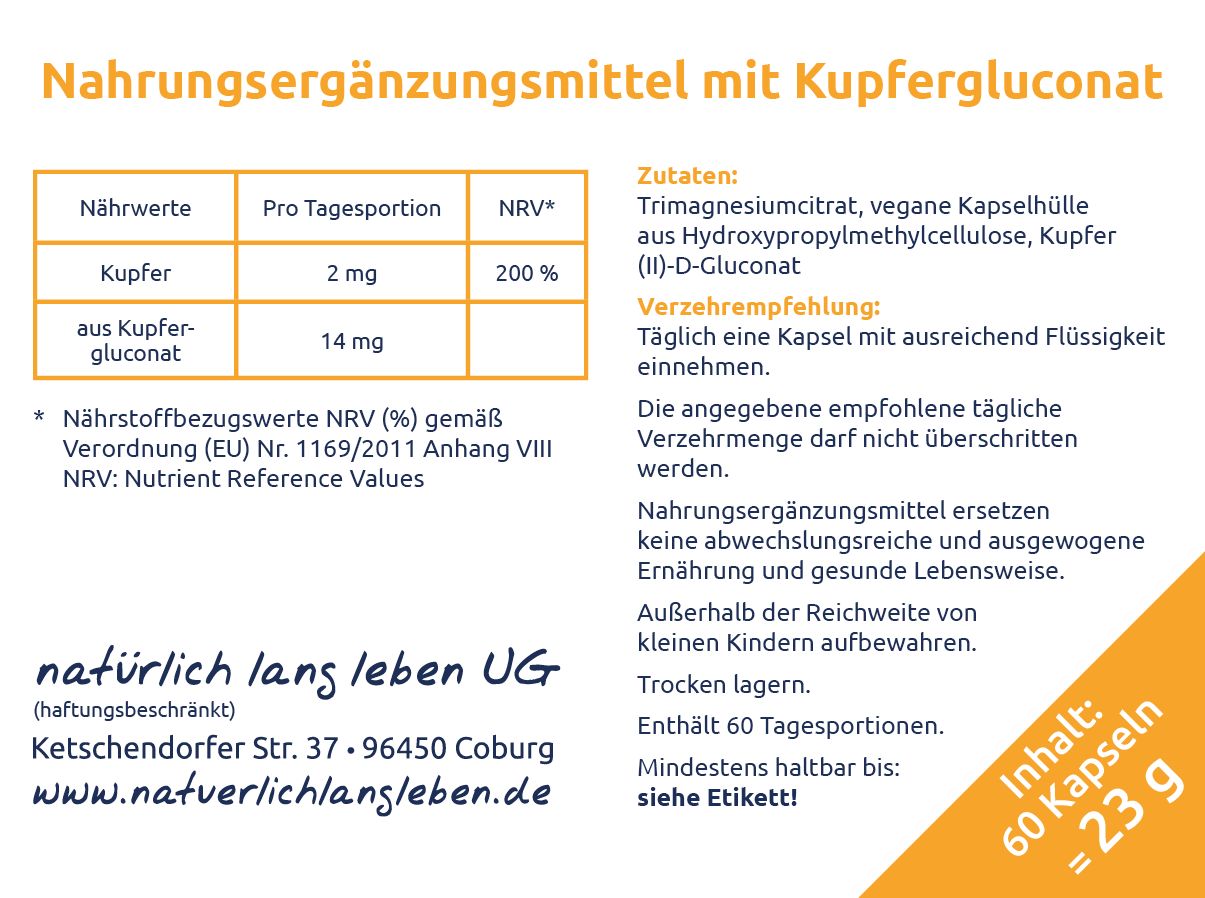 Etikett mit Nährwerttabelle für Kupfer Kapseln. Enthält Informationen zu Kupfer und Kupfergluconat.