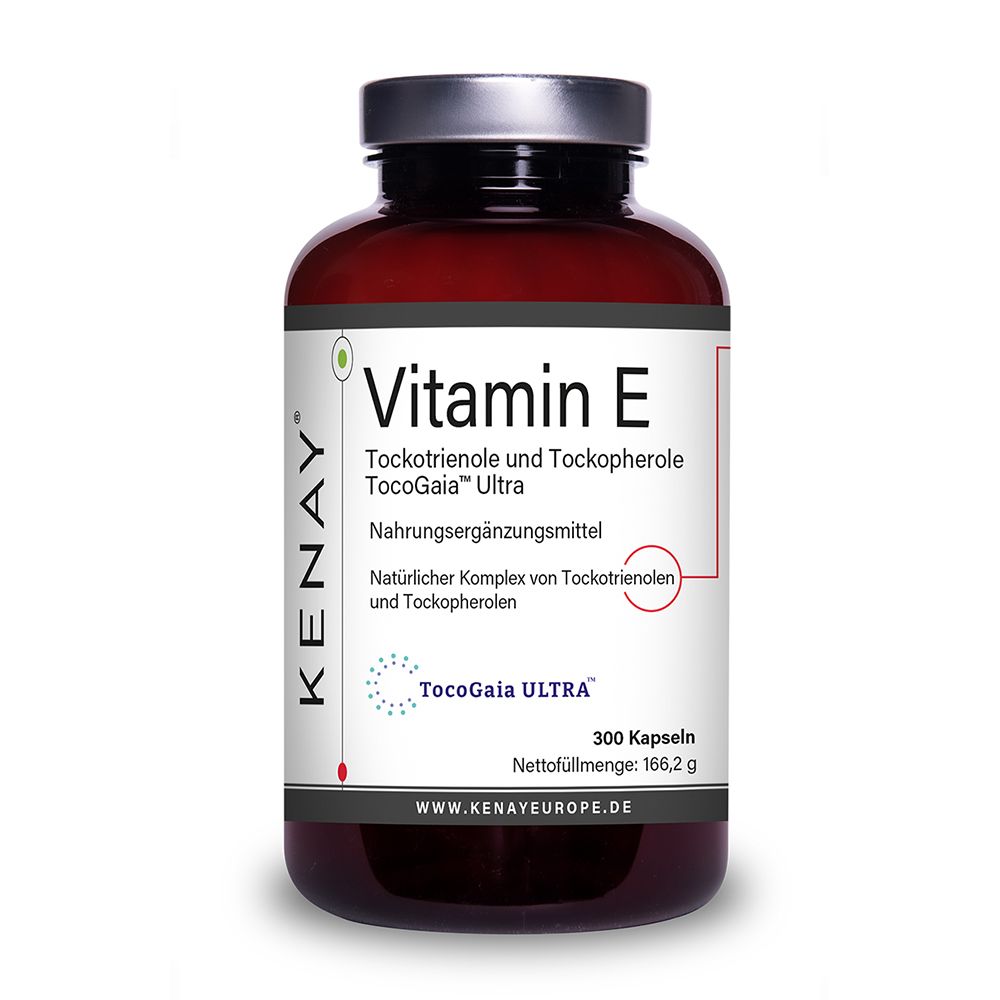 Braune Flasche mit Vitamin E Tockotrienole und Tockopherole TocoGaia Ultra. Marke: KENAY. 300 Kapseln.