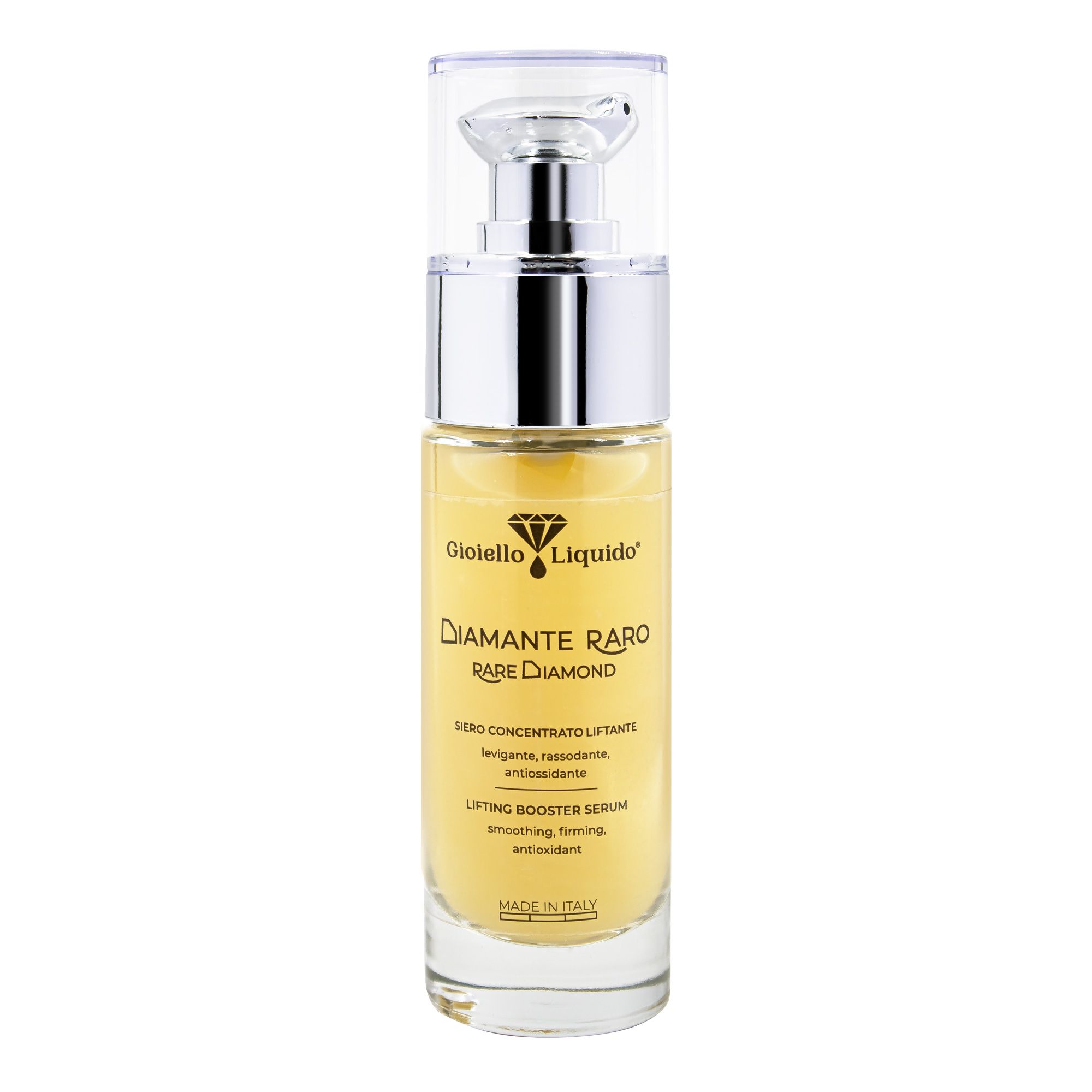 Flacone di siero. Scritta: Gioiello Liquido, Diamante Raro, Lifting Booster Serum. 30 ml. Made in Italy.
