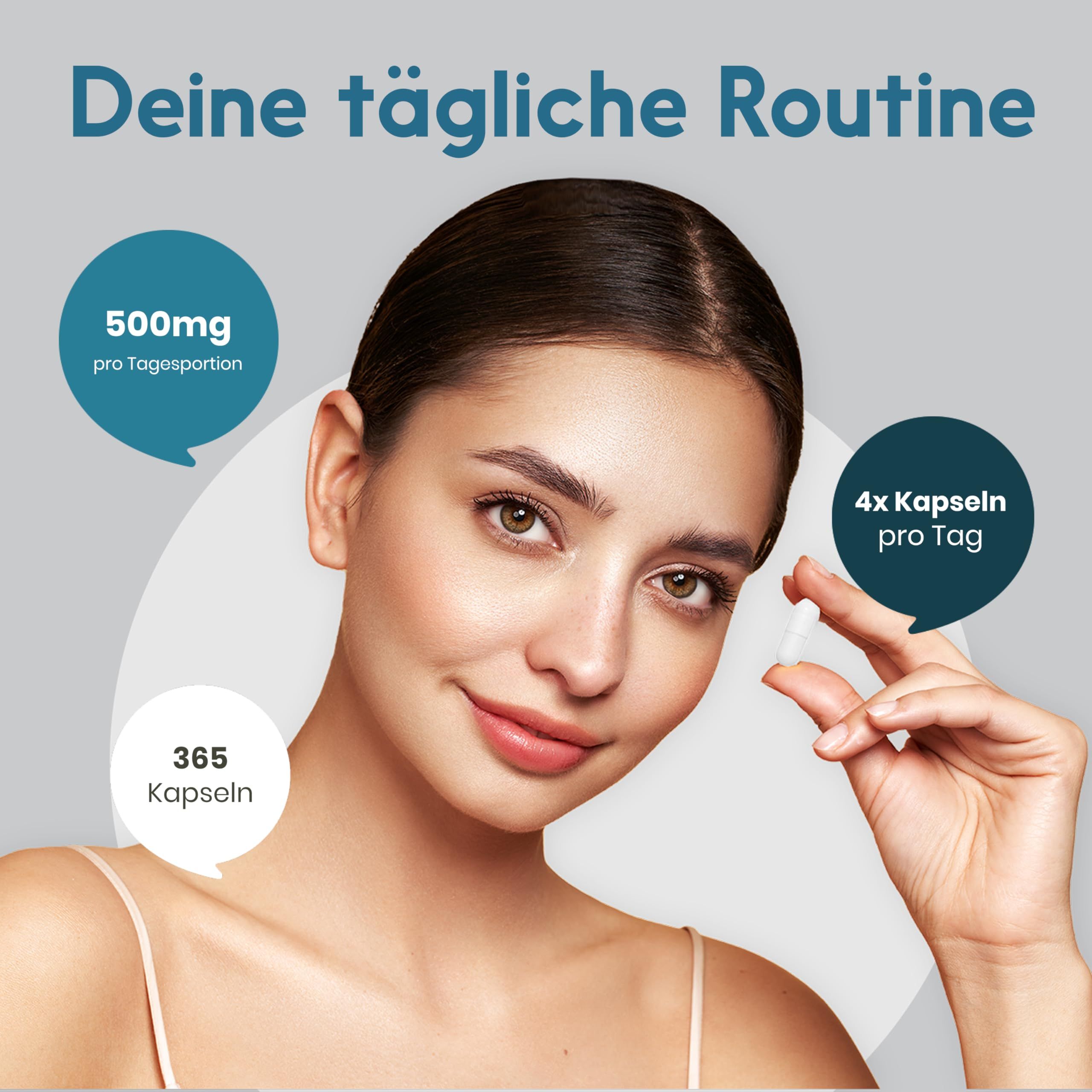 Frau hält eine Kapsel zwischen den Fingern. Text: Deine tägliche Routine, 500mg pro Tagesportion, 365 Kapseln, 4x Kapseln pro Tag.