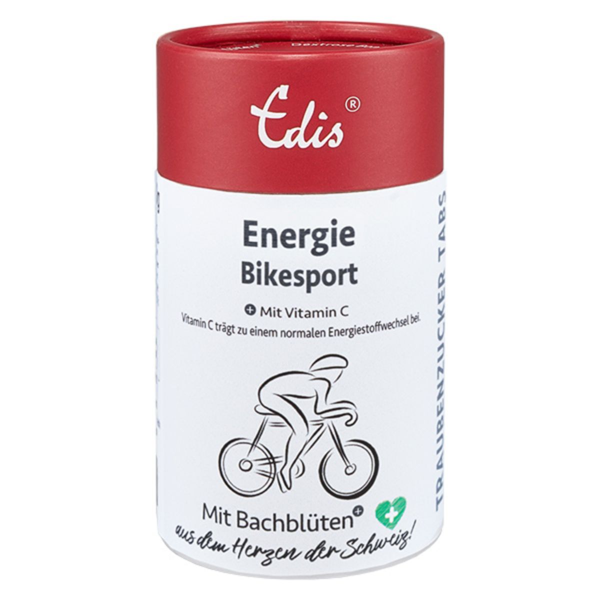Un tube rouge avec l'inscription "Edis Energie Bikesport". Un cycliste est représenté.