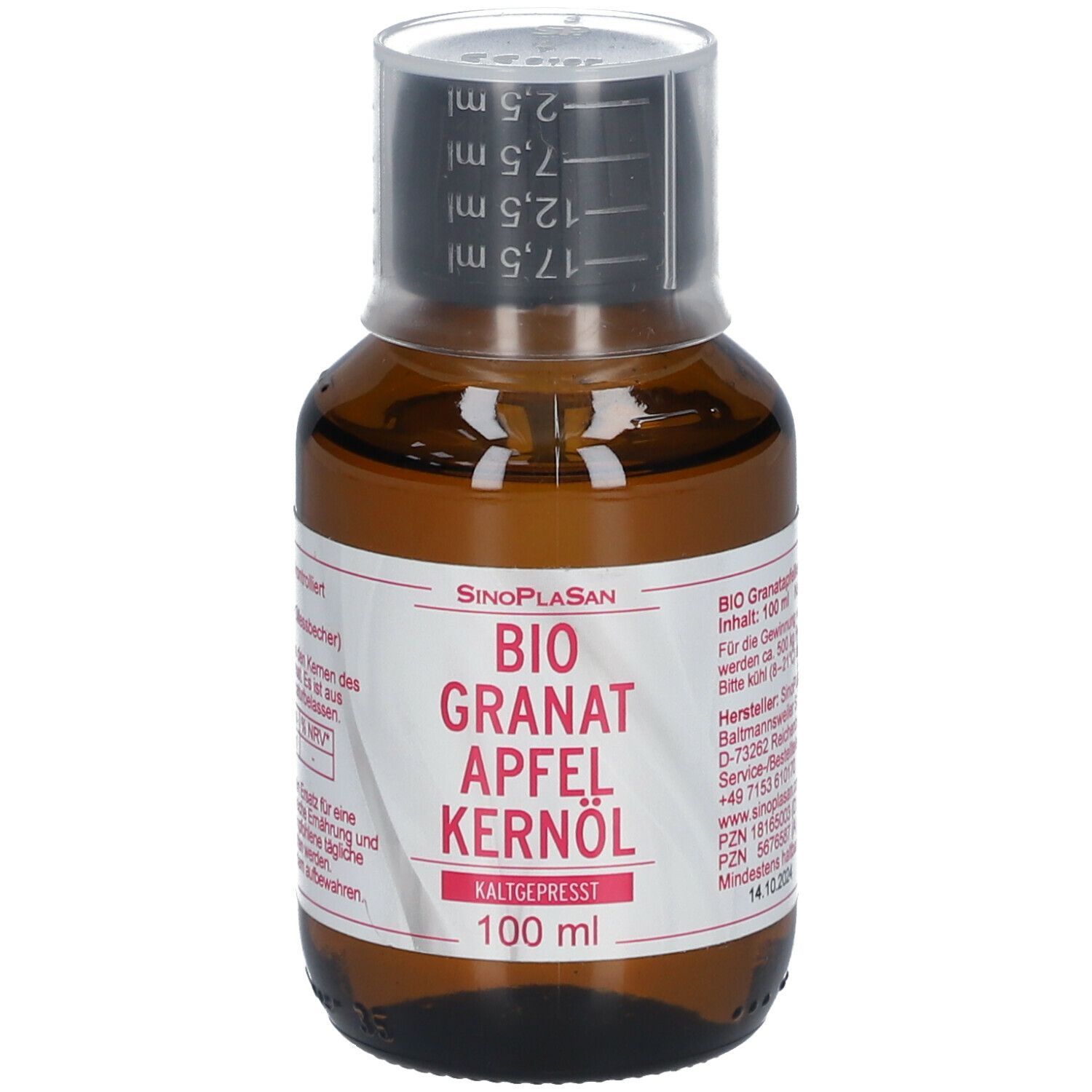 Braune Glasflasche mit Messbecherverschluss. Aufschrift: BIO Granatapfel Kernöl, kaltgepresst. 100 ml.