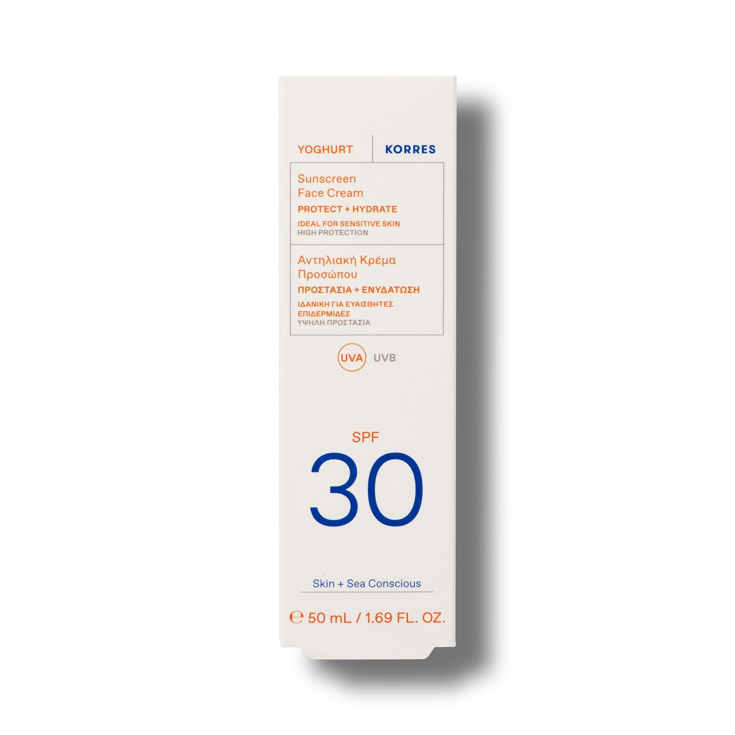 Kartonverpackung mit Sonnencreme-Gel für das Gesicht SPF30 von KORRES YOGHURT. Weiße Verpackung.