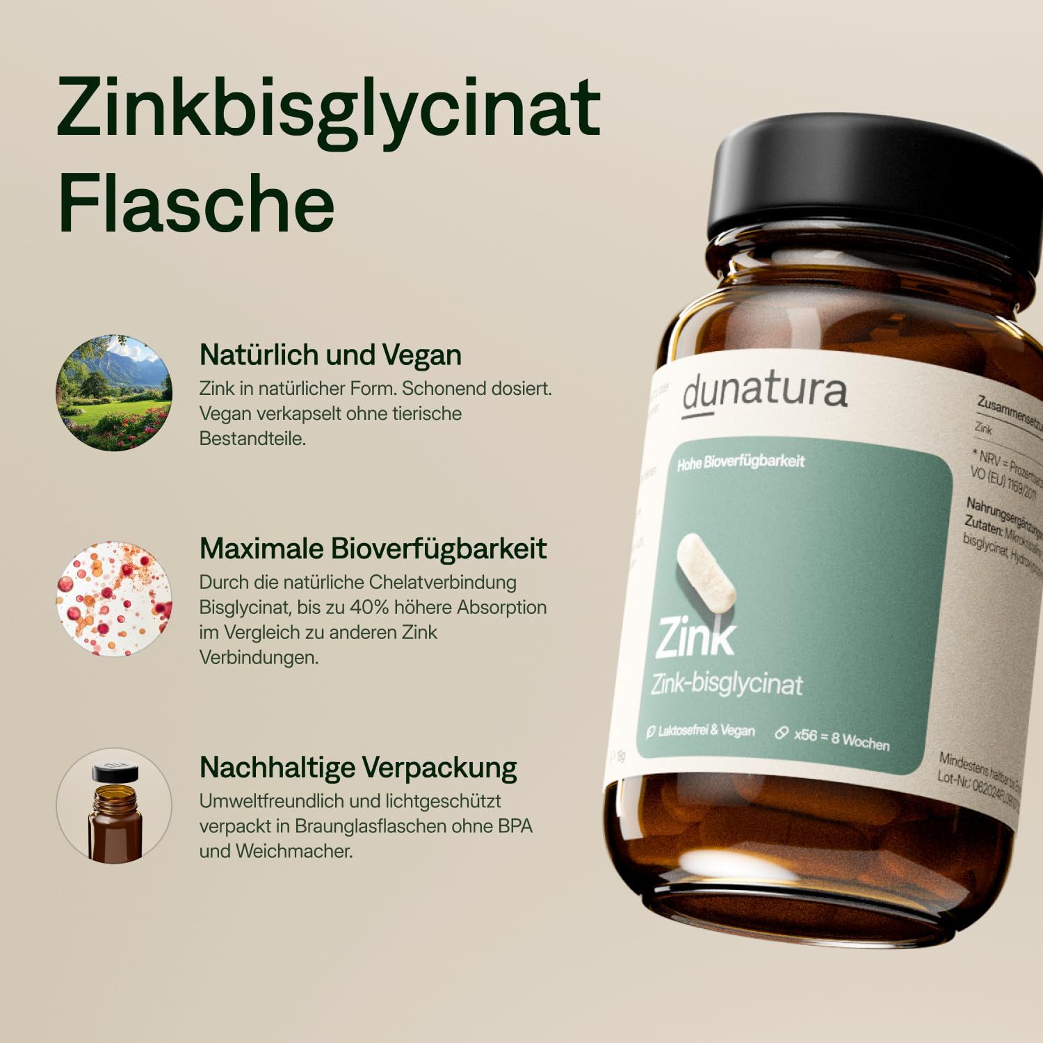 Produktabbildung mit Text. Braune Glasflasche, "Zink-bisglycinat" und "dunatura" lesbar. Informationen zu Inhaltsstoffen und Vorteile.