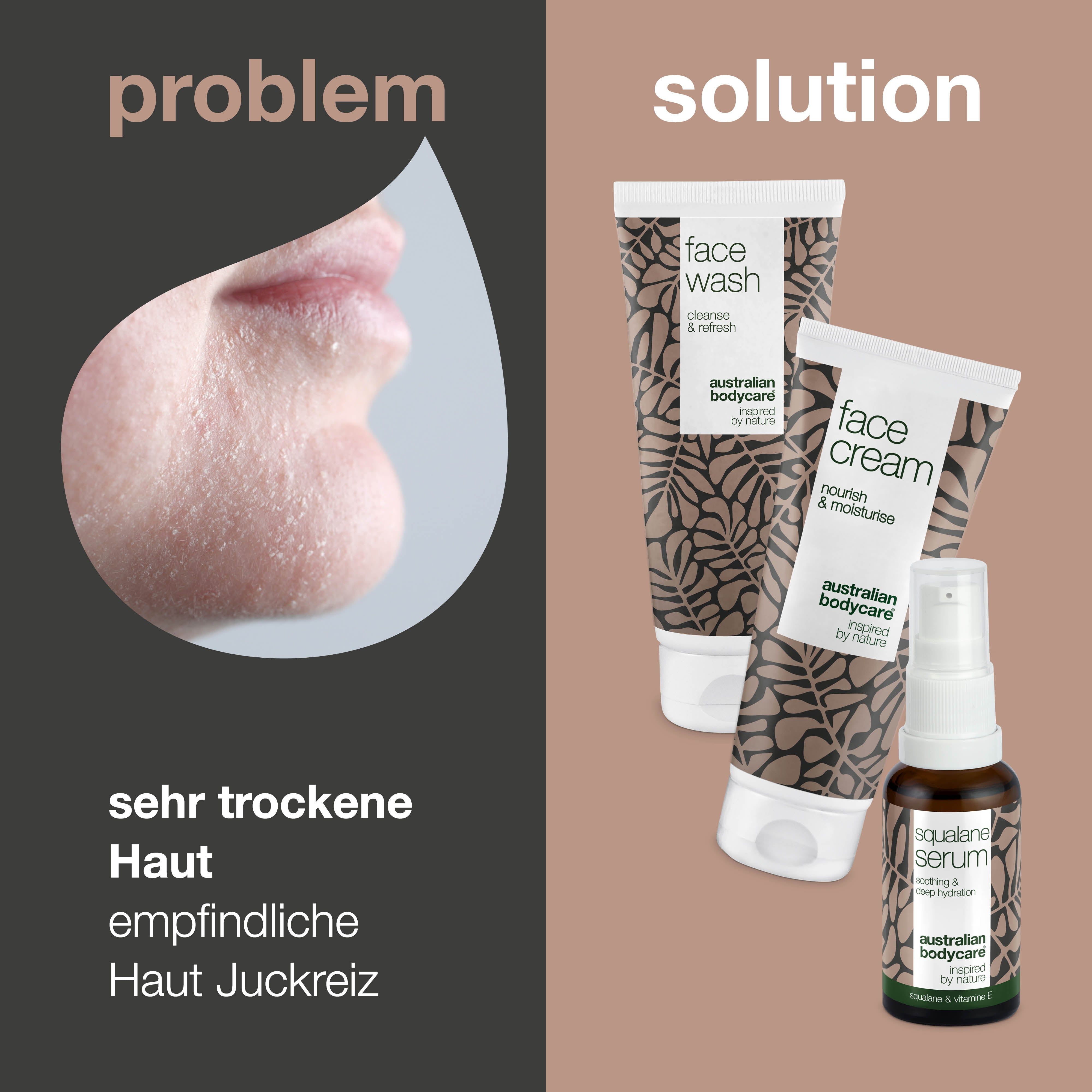 Problem: sehr trockene, empfindliche Haut, Juckreiz. Lösung: Set mit Face Wash, Face Cream und Squalane Serum.