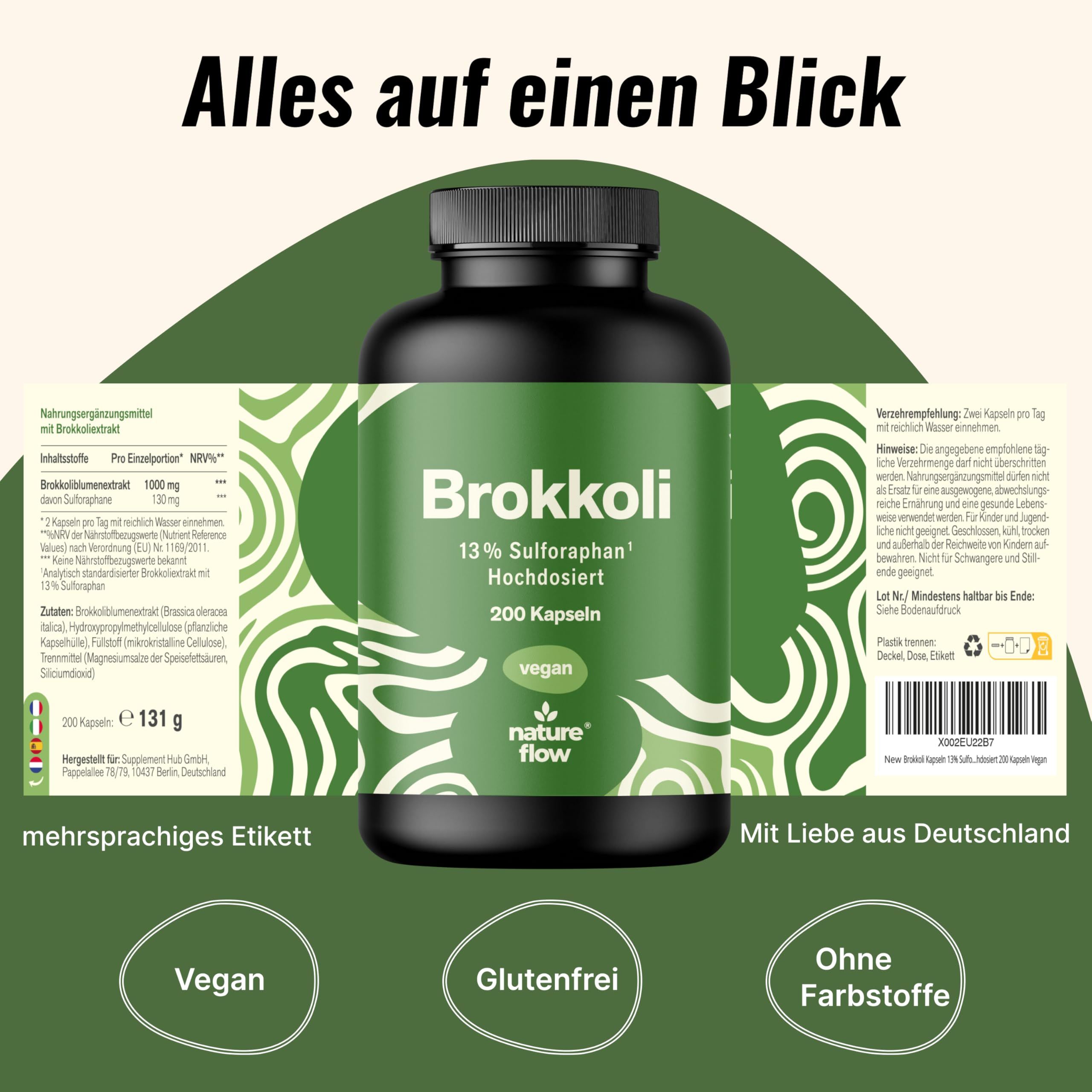 Produktflasche mit Etikett. Text: Vegan, glutenfrei, ohne Farbstoffe. Produkt: Brokkoli, 200 Kapseln, 131g.