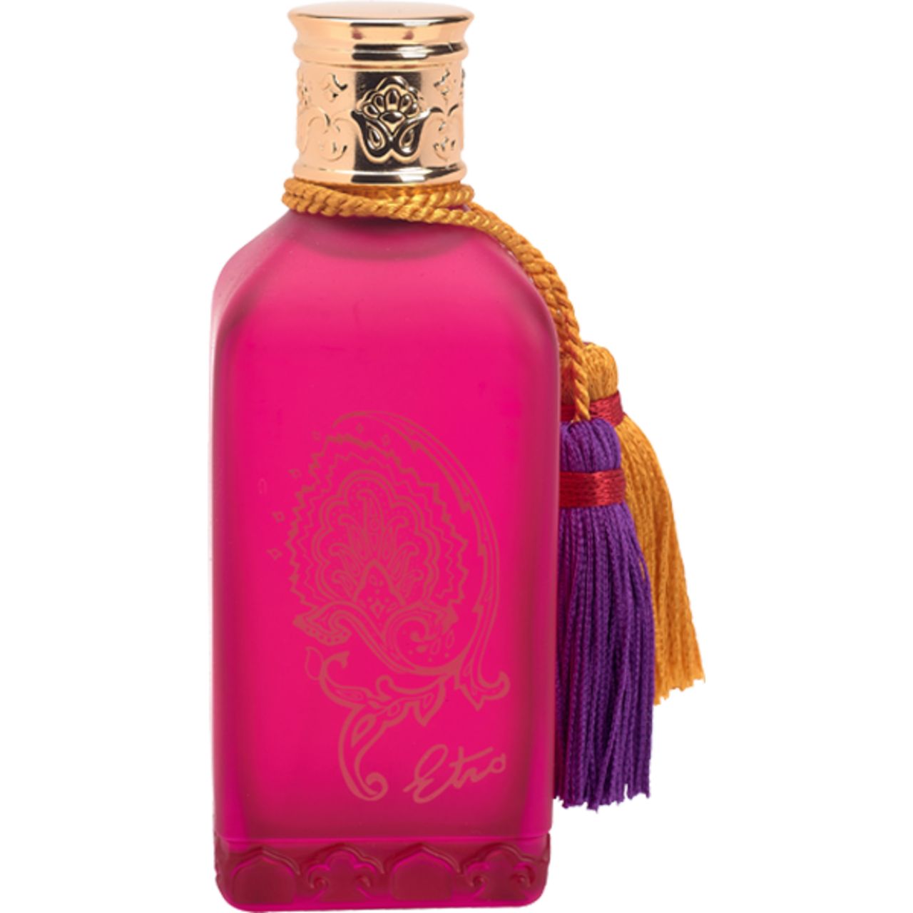 Rosa Flasche mit goldenem Deckel und Quasten. Paisley-Muster und Etro-Logo. Dekorative Kordel.