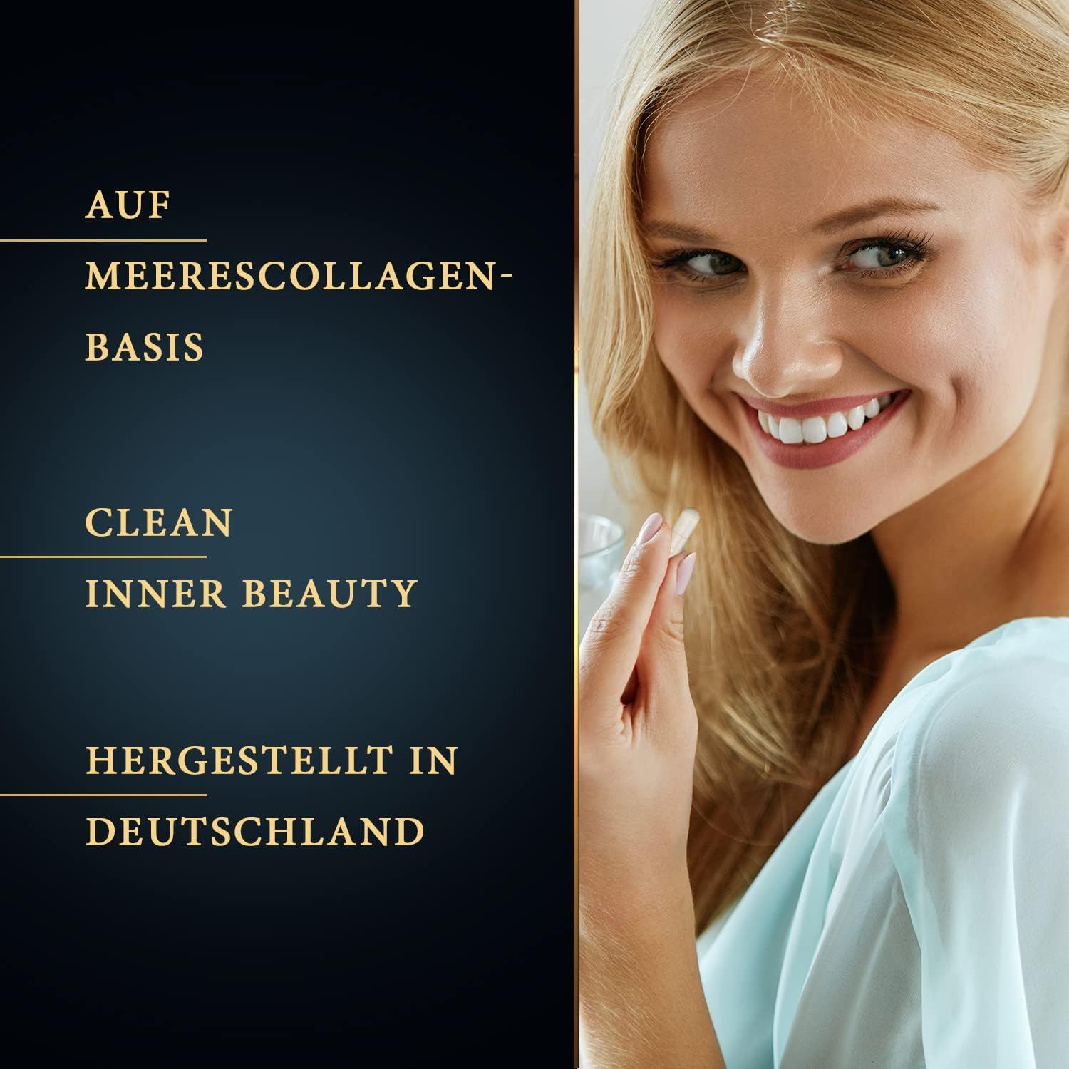 Frau lächelt. Text: Auf Meereskollagenbasis, Clean Inner Beauty, hergestellt in Deutschland.