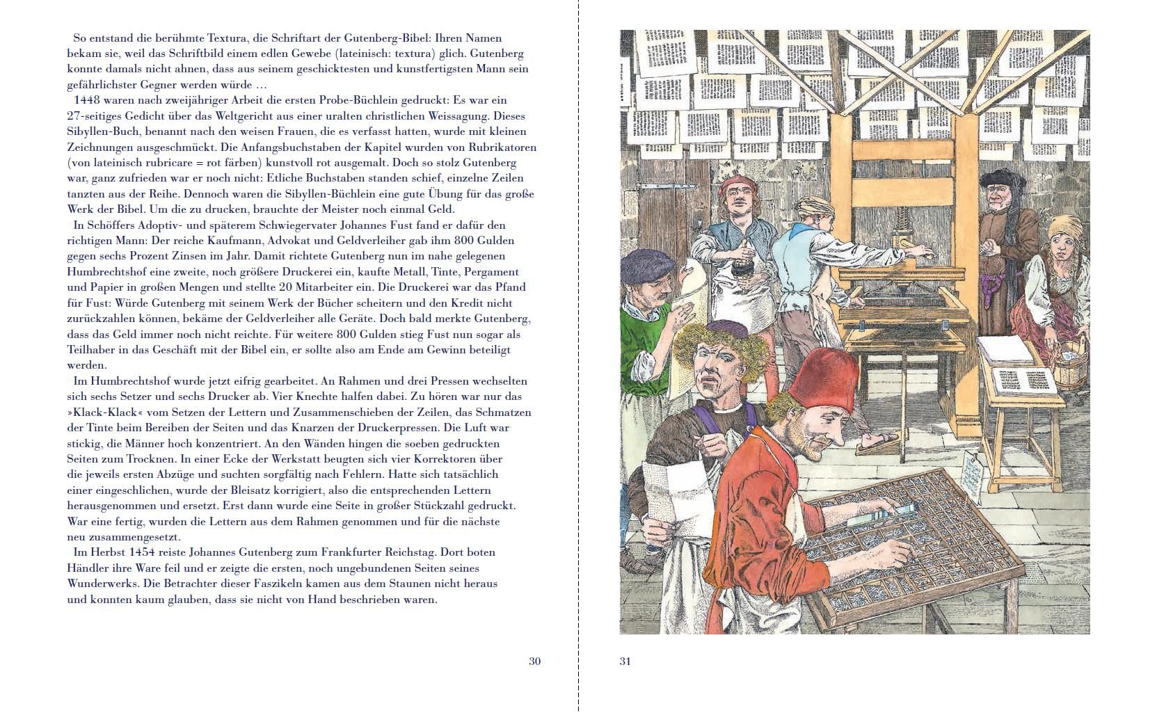 Doppelseite aus einem Buch mit Illustrationen. Eine zeigt Johannes Gutenberg in einer Werkstatt, die andere Text.