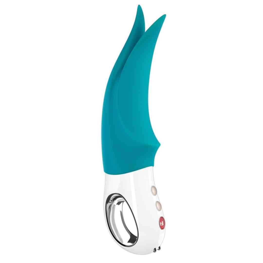 Vibrator mit blauem Kopf und weißem Griff. Drei Knöpfe und ein Loch sind sichtbar.