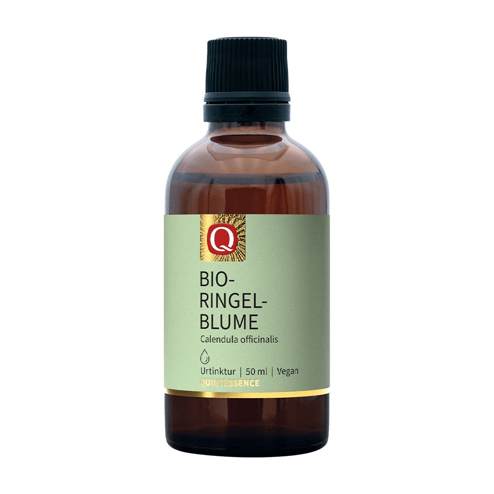 Braune Glasflasche mit schwarzem Deckel und grünem Etikett. Aufschrift: BIO-RINGELBLUME, Calendula officinalis, 50 ml.