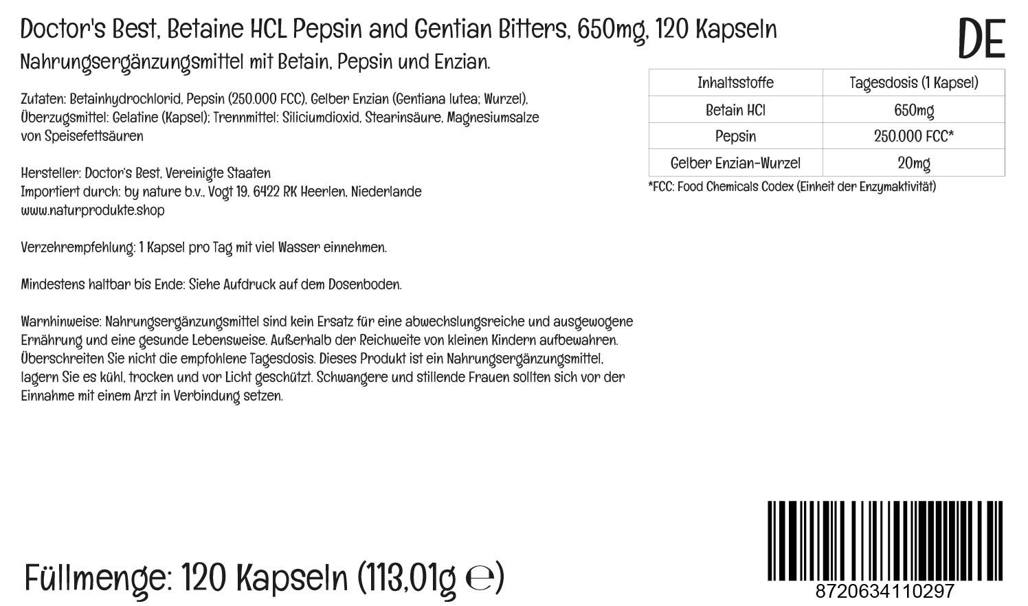Rückseite der Verpackung mit Informationen zu Inhaltsstoffen, Dosierung und Hersteller. Text in Deutsch.