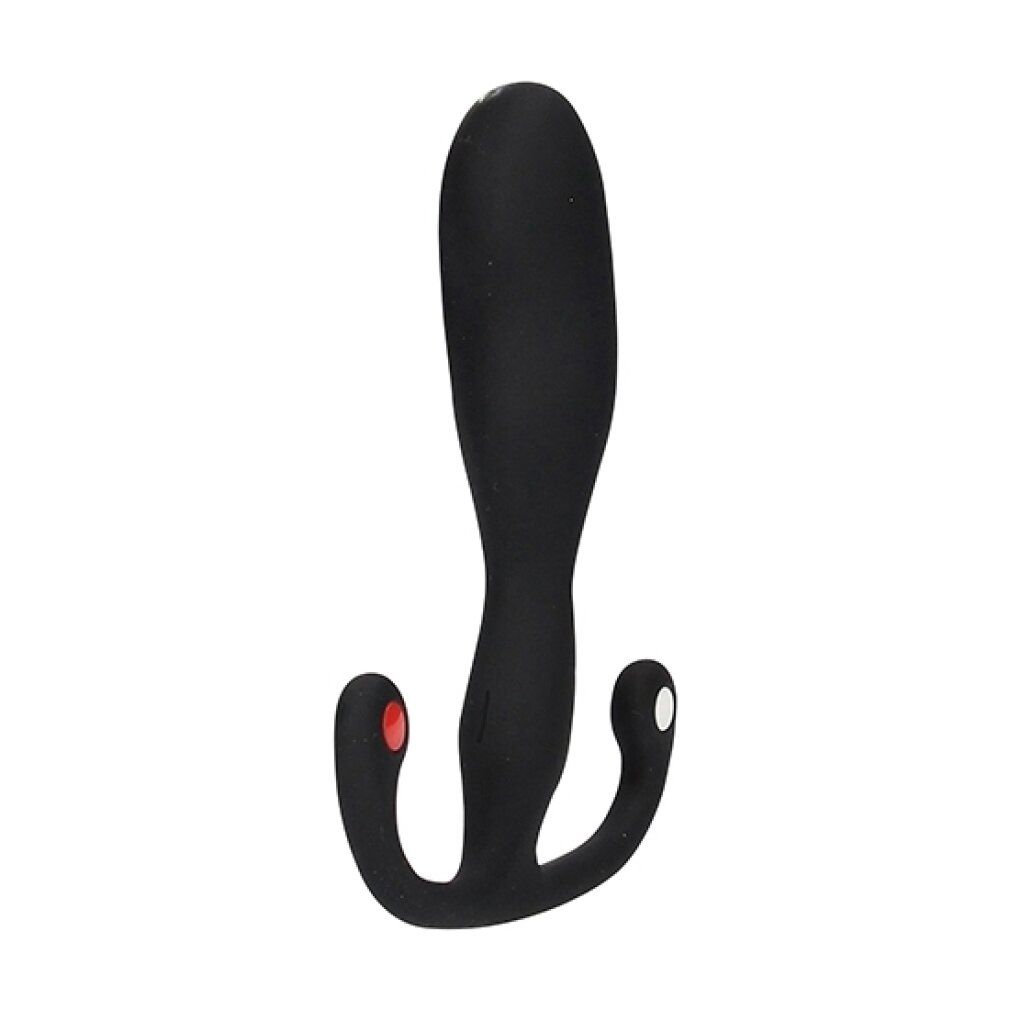 Schwarzes, T-förmiges Wellness-Produkt. Ein Ende mit rotem Knopf, das andere mit weißem. Geformt für den Intimbereich.