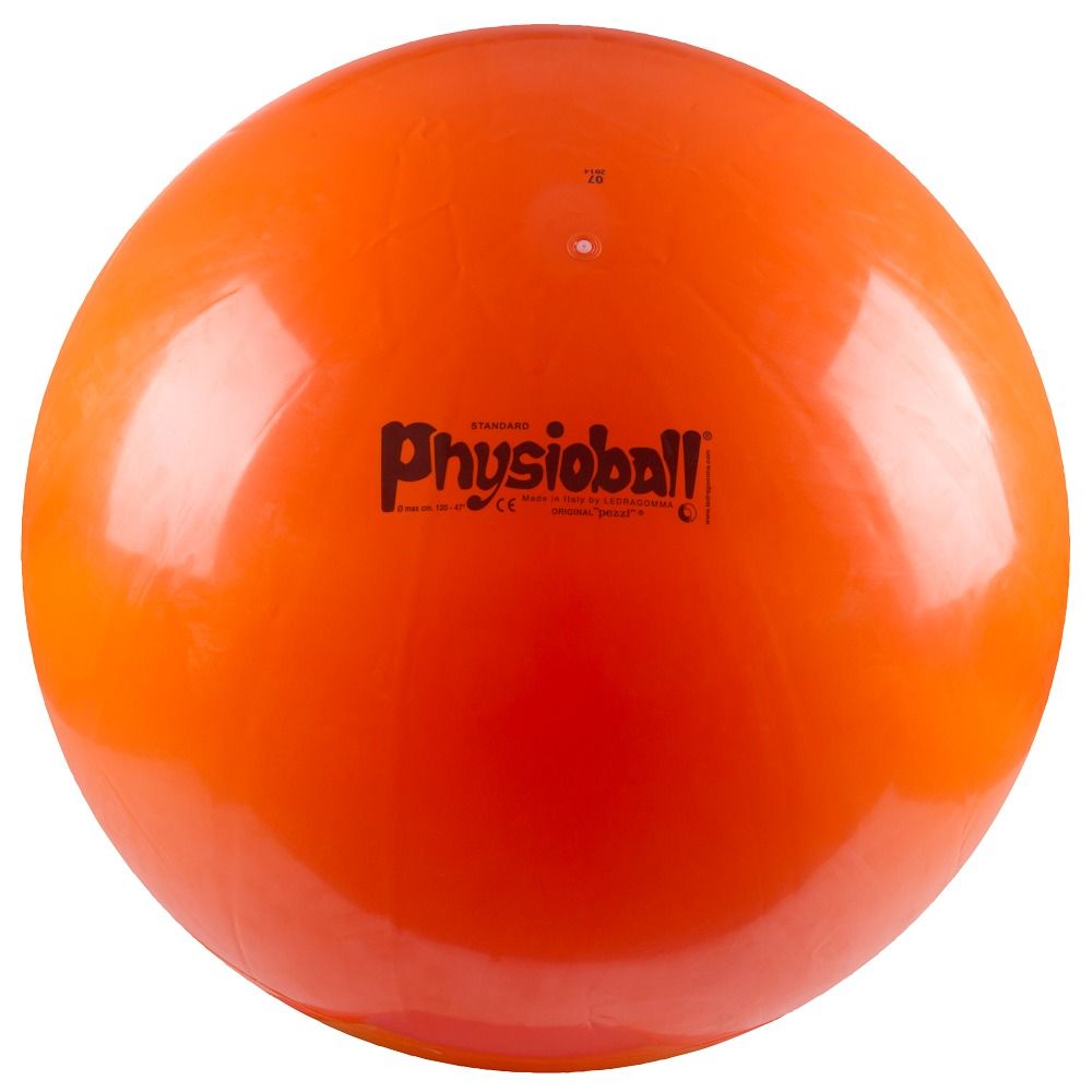 Oranger Gymnastikball mit Aufdruck 'physioball'.