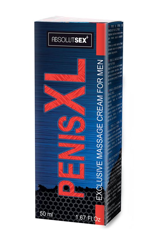 Schachtel mit Creme. Aufschrift: PENIS XL, ABSOLUTSEX+. Exklusive Massagecreme für Männer. 50 ml.