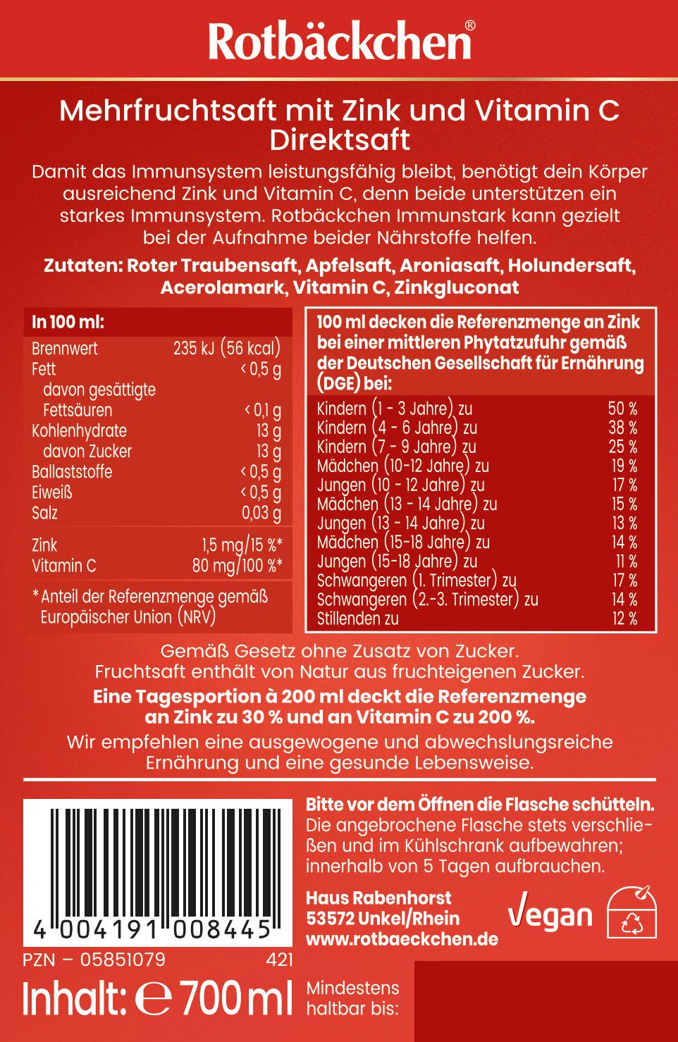 Braune Glasflasche mit rotem Verschluss. Etikett mit Produktinformationen und Nährwertangaben. Text: "Rotbäckchen Immunstark".