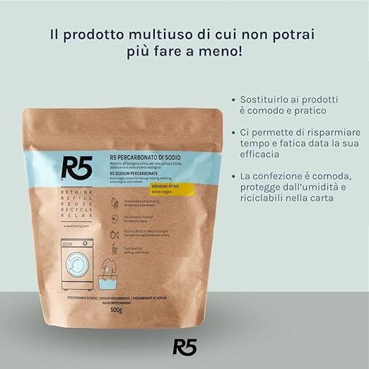 Produktbeutel mit Text: R5, R5 Percarbonato di Sodio, 500g. Text auf Italienisch.
