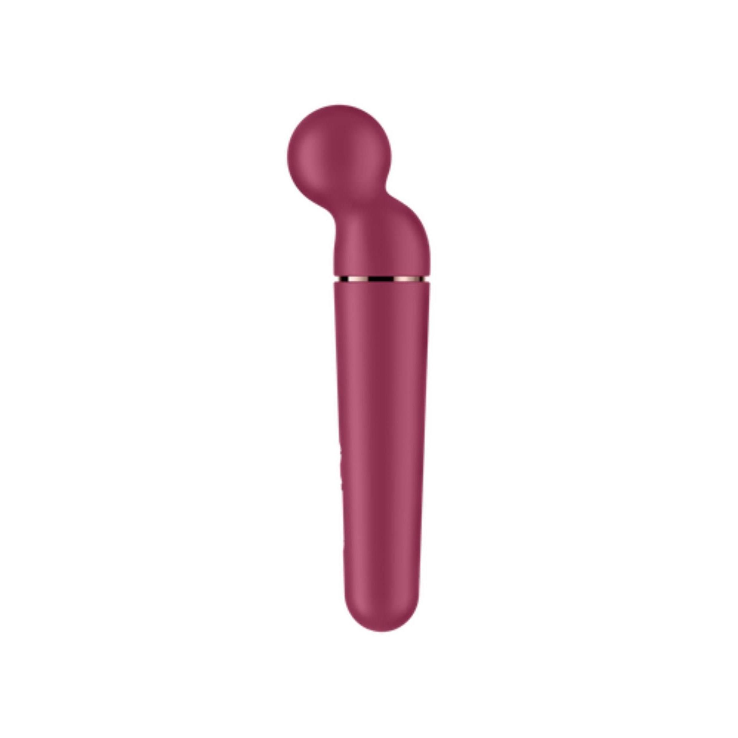 Bordeauxfarbener Vibrator mit rundem Kopf und zylindrischem Schaft. Silberfarbener Ring am Übergang. Zwei Knöpfe.