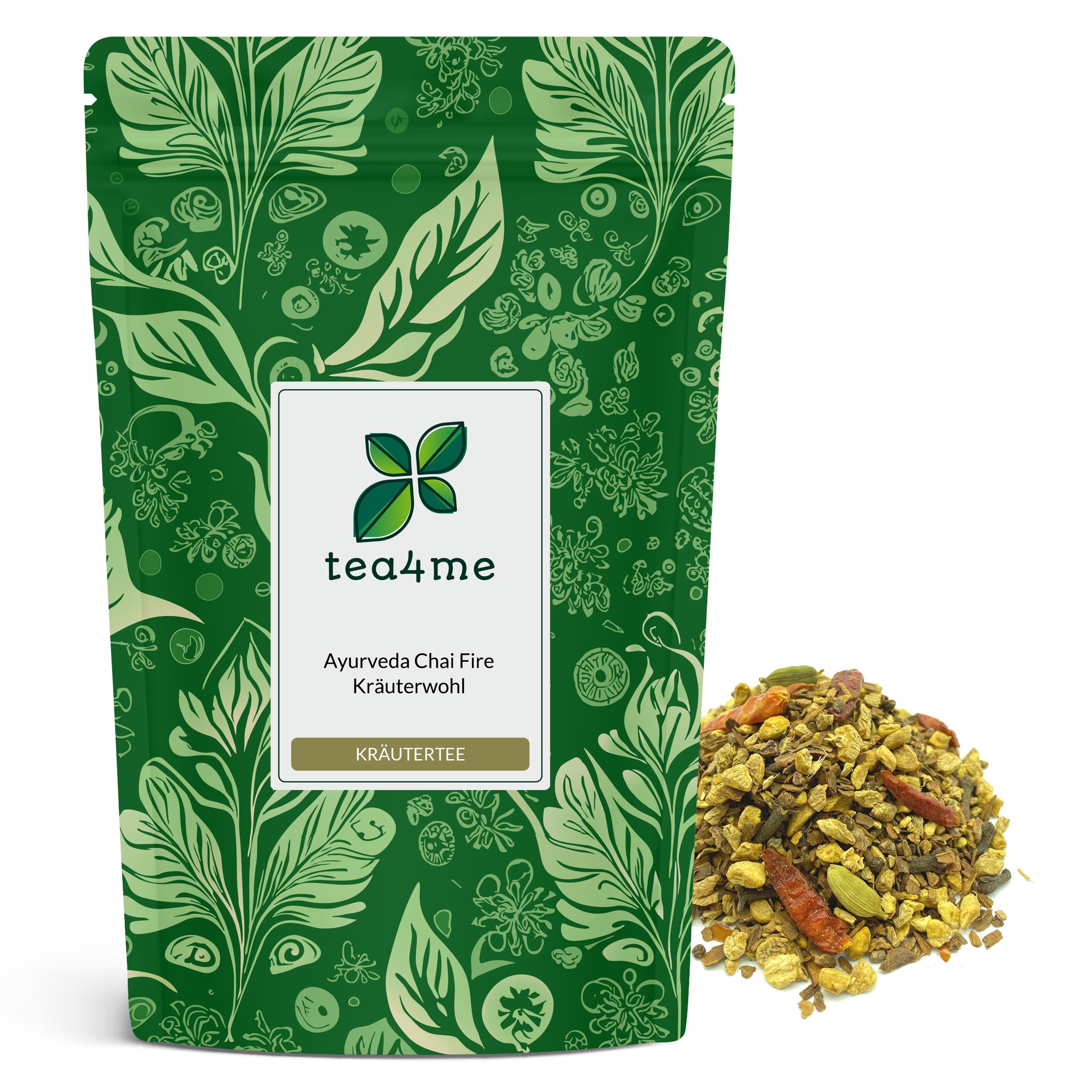 Grüne Kräuterteeverpackung mit floralem Muster. Weißes Etikett mit Logo und Produktbezeichnung. Haufen loser Kräuter daneben.