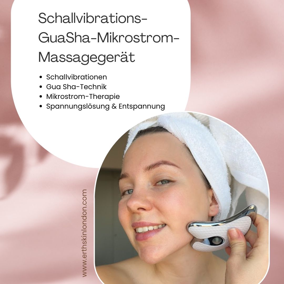 Frau mit Handtuch, hält Gua Sha Massagegerät. Text: Schallvibrations-GuaSha-Mikrostrom-Massagegerät. www.erthskinlondon.com.