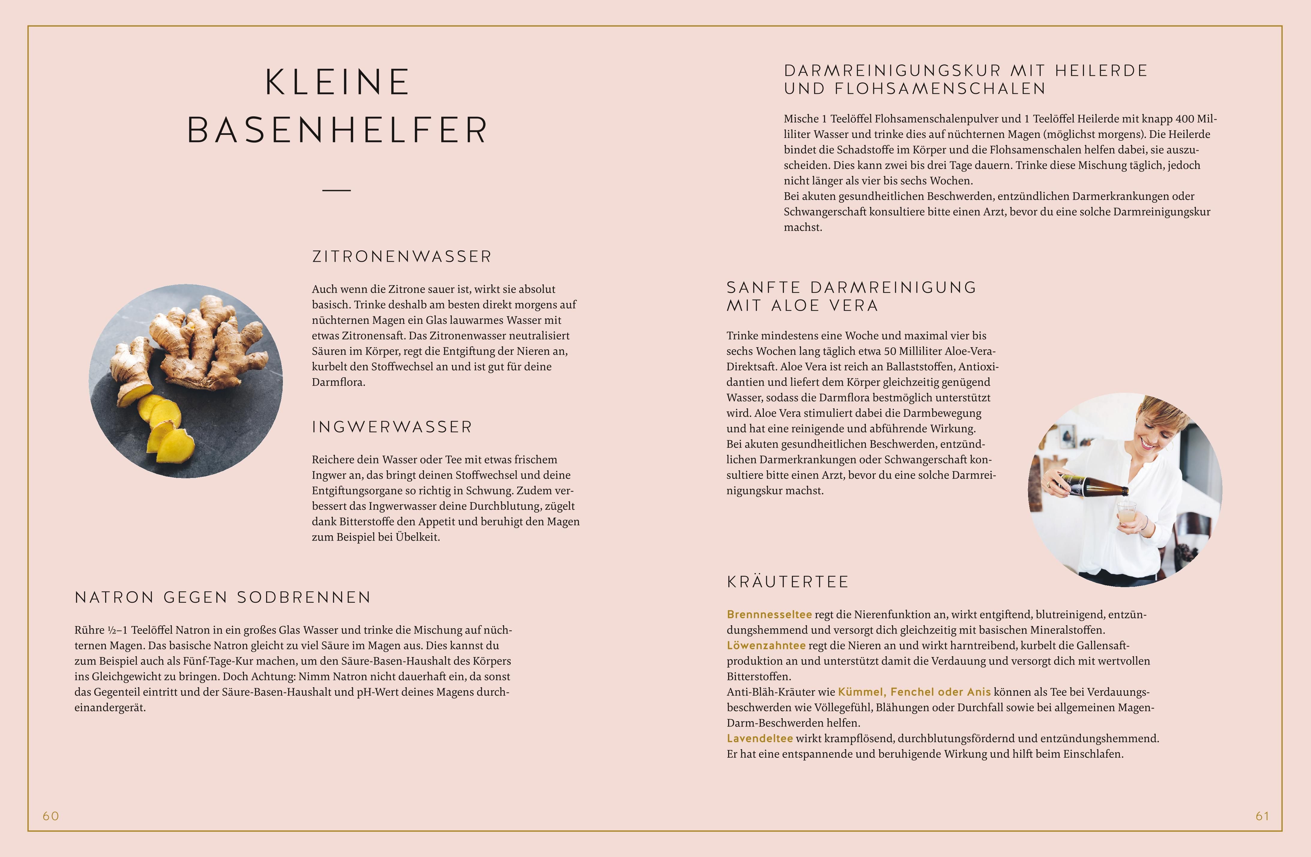 Buchseite mit Text und Bildern. Titel: "Kleine Basenhelfer". Bilder von Ingwer, Zitrone und Kräutertee. Textabschnitte.