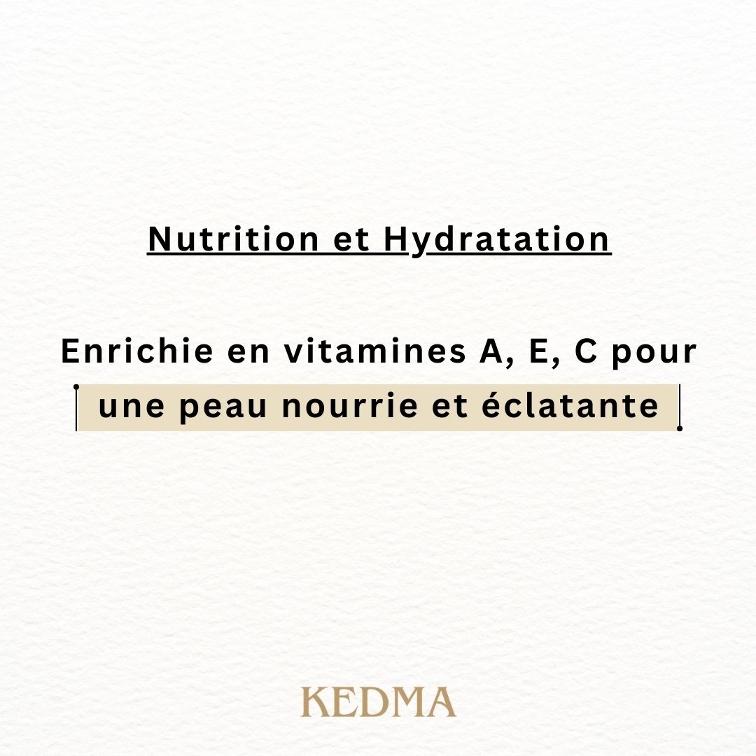 Texte sur fond crème : Nutrition et Hydratation. Enrichi en vitamines...