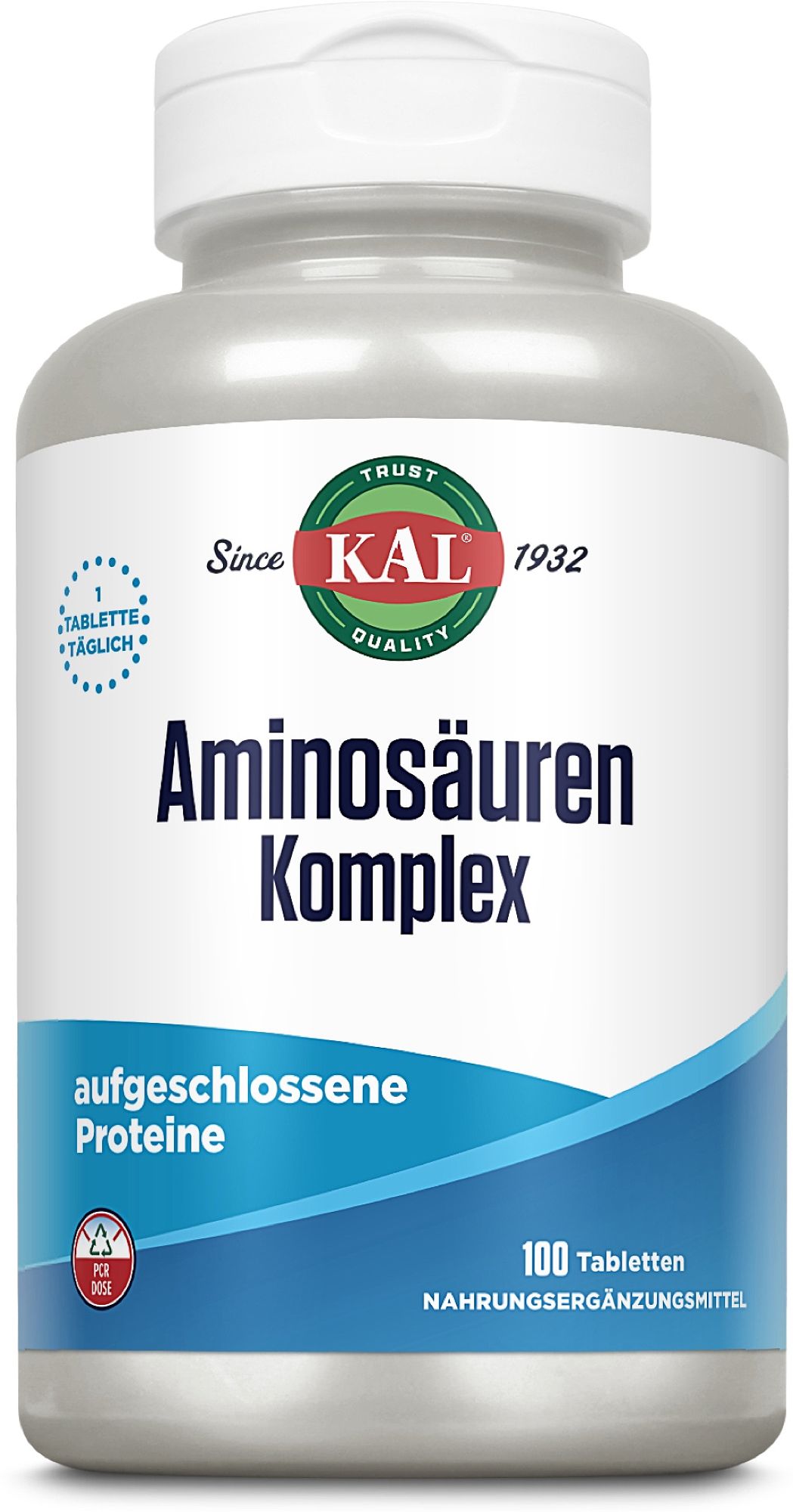 Flasche mit 100 Tabletten KAL Aminosäuren Komplex, Nahrungsergänzungsmittel.