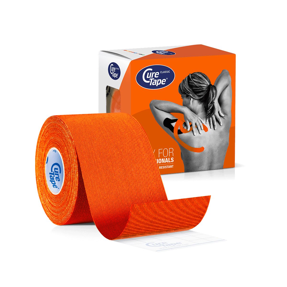 Orangefarbenes CureTape Classic Kinesiotape, Rolle und Verpackung. Auf der Verpackung ist eine Person abgebildet.