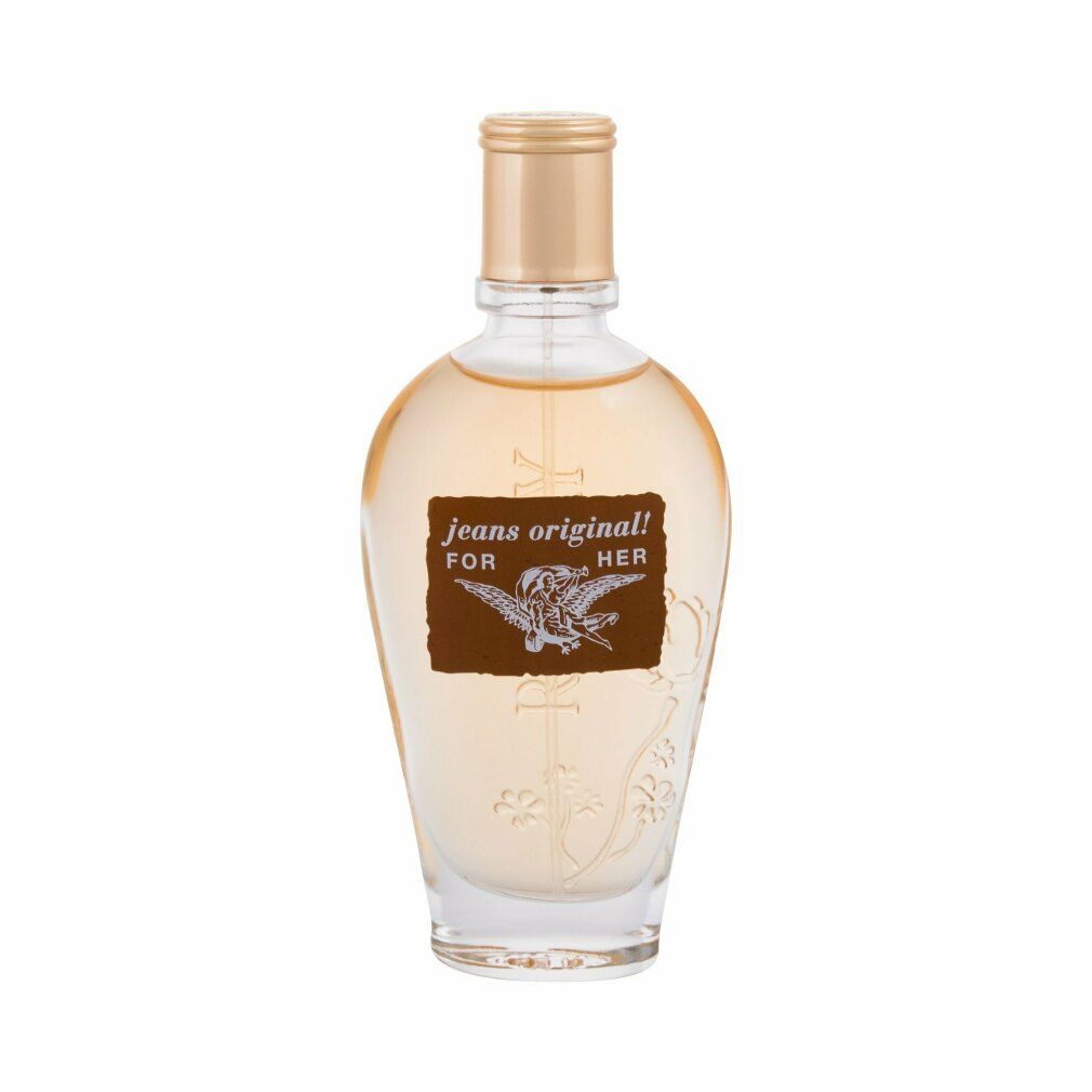 Parfümflasche mit goldfarbenem Verschluss. Auf dem Etikett steht "jeans original!" und ein geflügeltes Wesen.