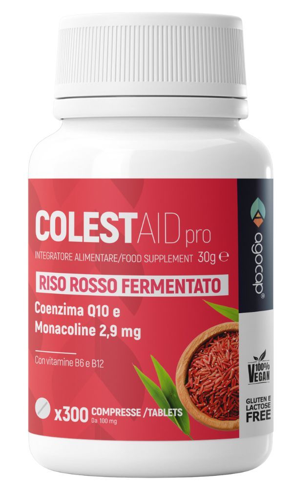 Weißes Pillenbehälter mit rotem Etikett. Aufschrift: COLESTAID pro, Riso Rosso Fermentato, 300 Tabletten. Vegan, gluten- und laktosefrei.