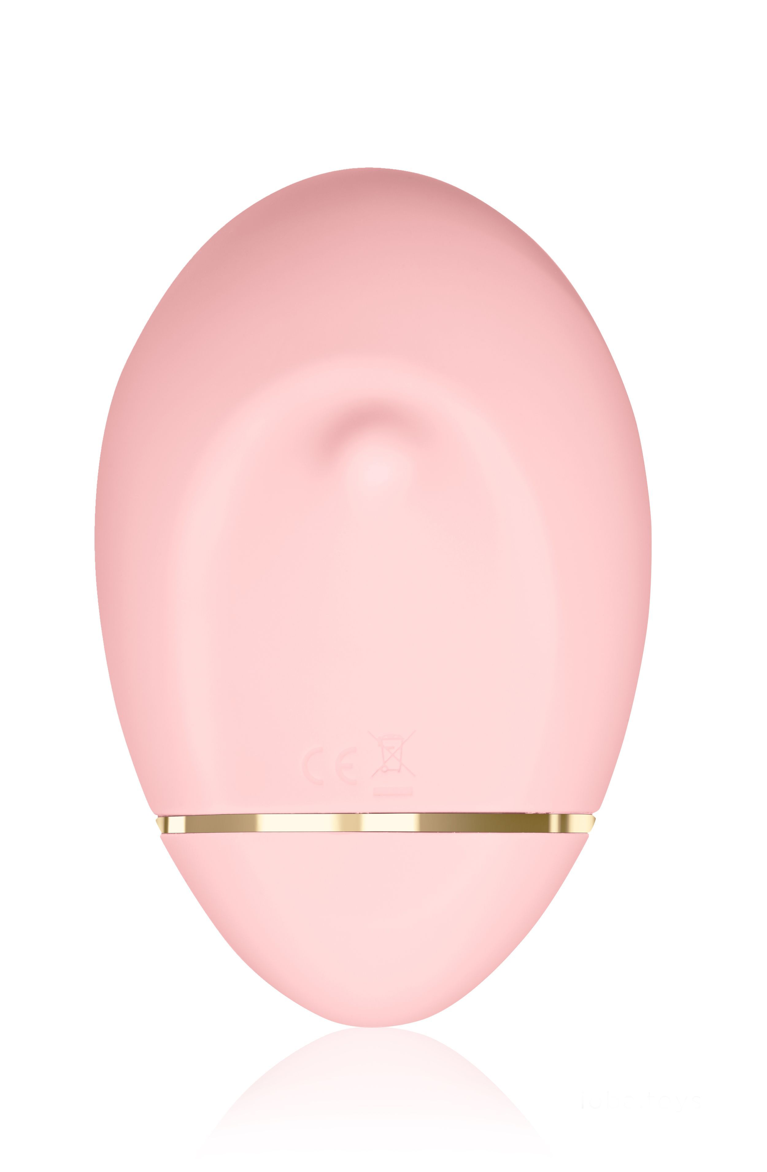 Rosa, ovales Gerät mit goldfarbenem Akzent. CE-Kennzeichnung. Oberseite mit konkavem Bereich.