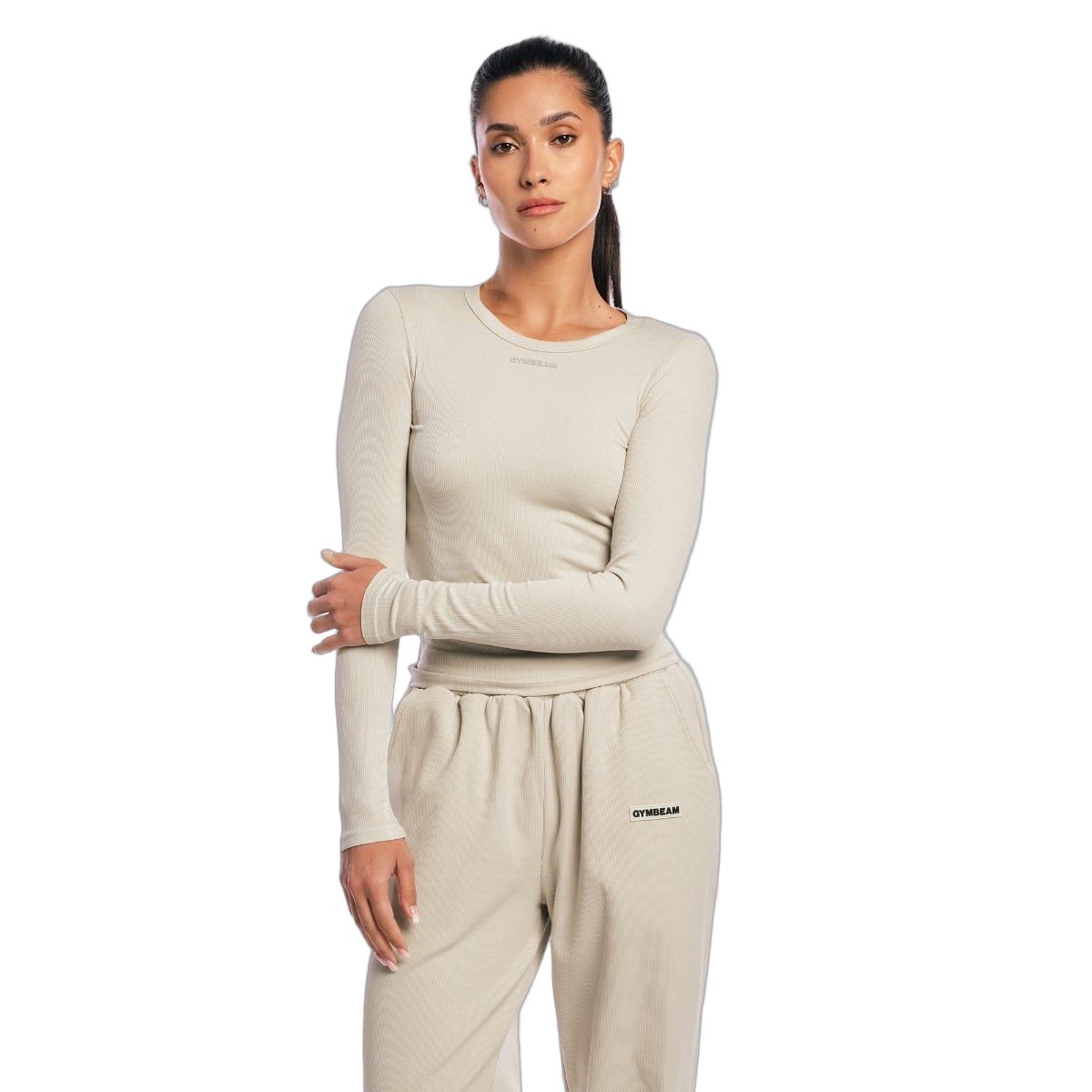 GymBeam Langarm Shirt Damen Aura slim mit rundem Ausschnitt in Grau