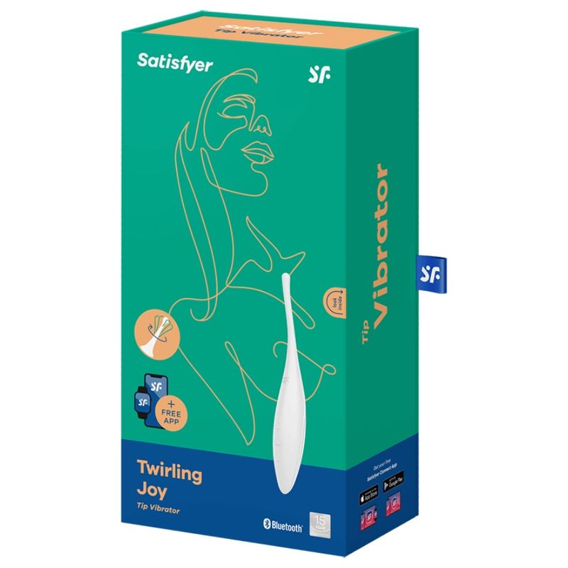 Verpackung von Satisfyer Twirling Joy. Grün-orangefarbener Karton mit Produktabbildung und Logo. Bluetooth-Funktion.