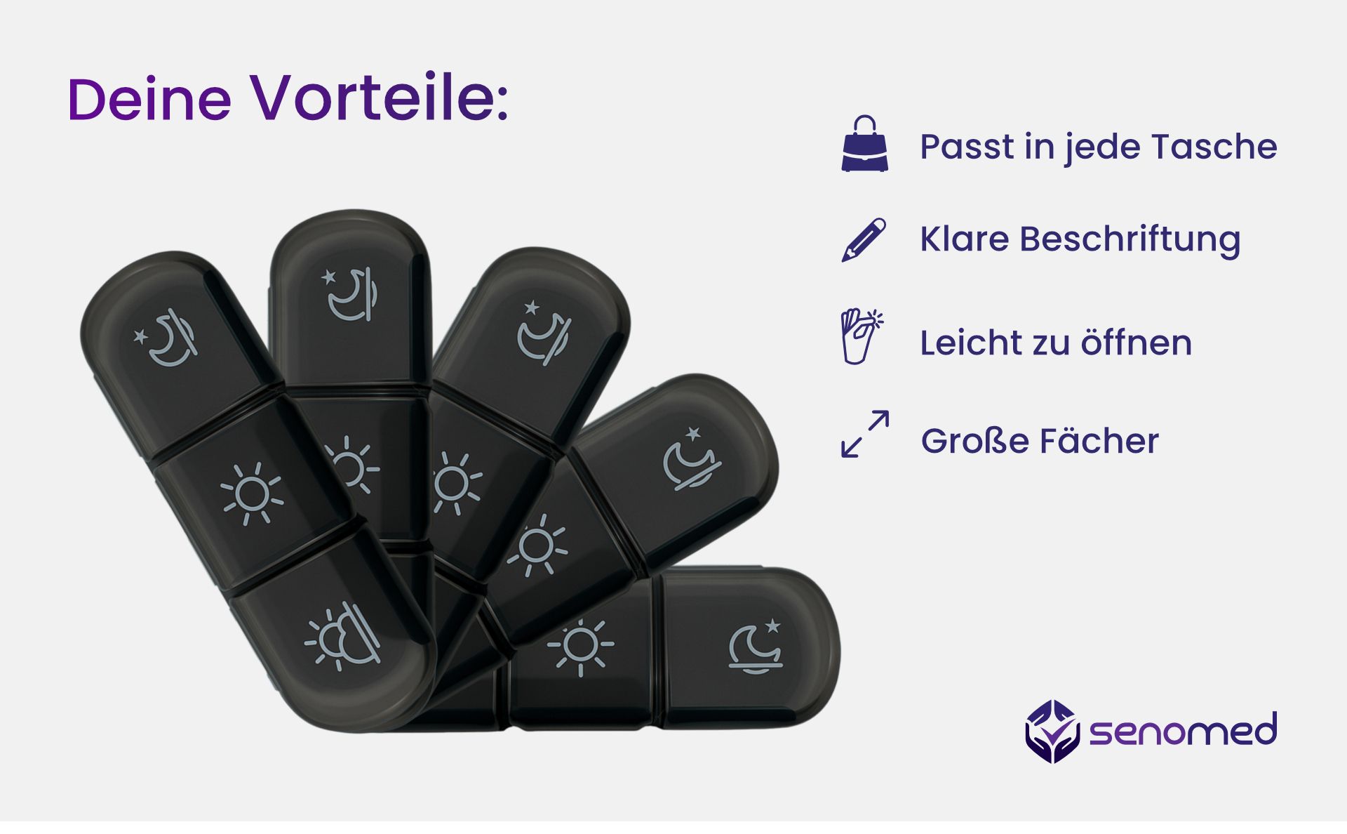 Senomed - Tablettenbox mit 3 Fächern pro Tag – Wochendosierer schwarz