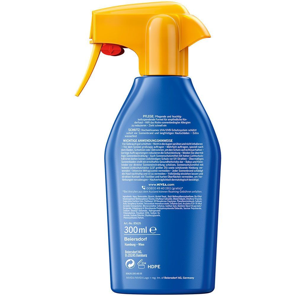 Blaue Flasche mit gelbem Sprühkopf. Aufschrift: NIVEA SUN, LSF 50+. Rückseite mit Text. 300ml.