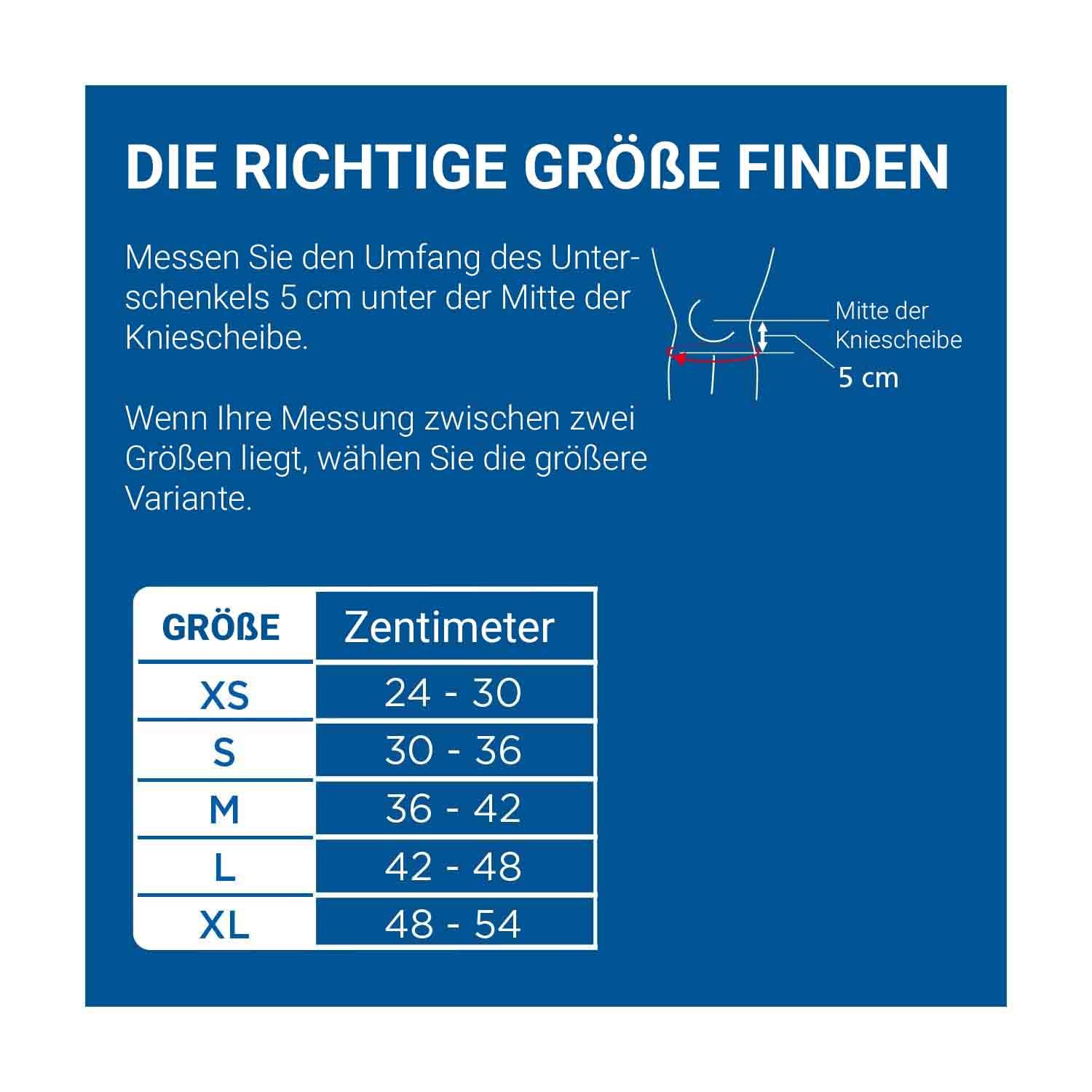 Größentabelle für JK Patella-Band. Größen XS bis XL. Zentimeterangaben für den Umfang des Unterschenkels.