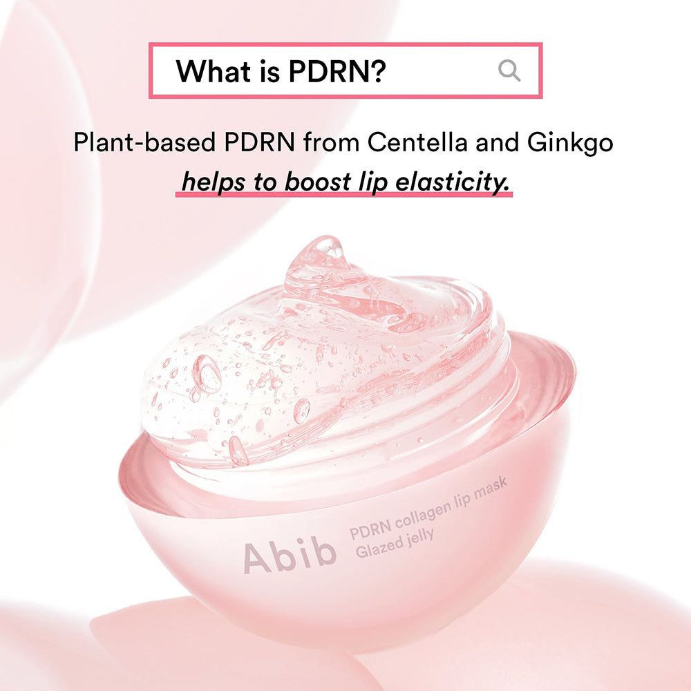 Ein rosa Produktbehälter mit transparentem Inhalt. Der Name Abib ist sichtbar. Text: PDRN Collagen Lip Mask Glazed Jelly.