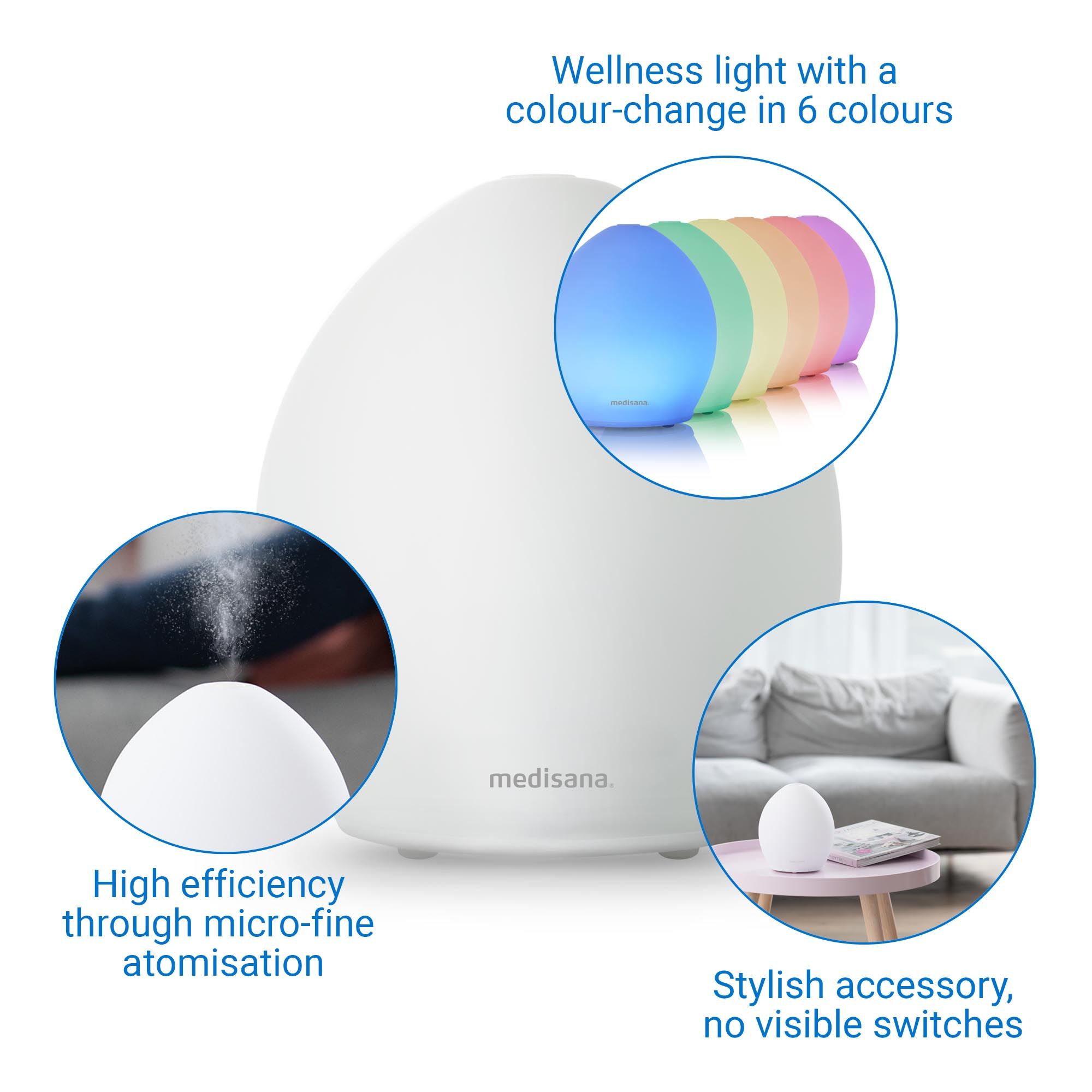 medisana AD 635 Aroma Diffuser aus Milchglas | mit Wellness-Licht in 6 Farben | Für Duftöle geeignet