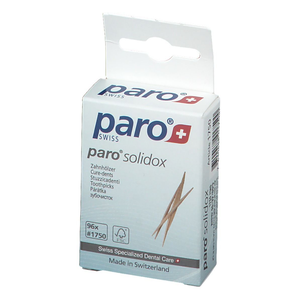 paro® solidox Verpackung. Weiß, mit Logo, Produktbezeichnung und Zahnhölzern. 96 Stück, Artikelnummer.