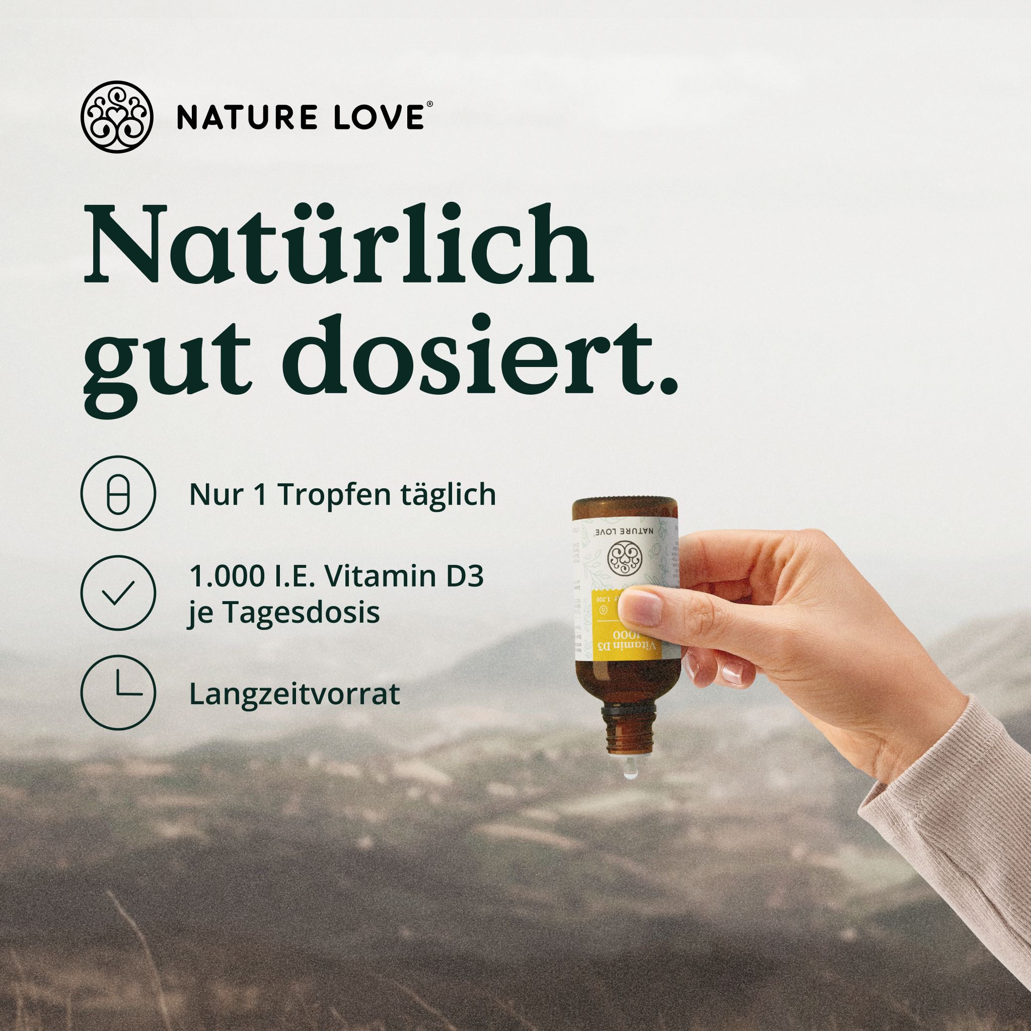 NATURE LOVE® Vitamin D3 1000 (50ml flüssig) – Laborgeprüfte 1000 I.E. pro Tropfen – in MCT-Öl Kokos